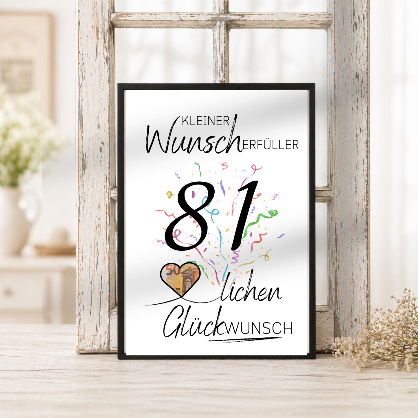Geldgeschenk 81 Geburtstag Printable mit Konfetti, Schriftzug Kleiner Wunscherfüller, Herz zum Ausschneiden für Geldschein, Digital Download DIN A4