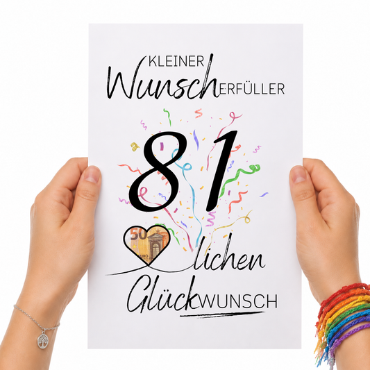 Geldgeschenk 81 Geburtstag Printable mit Konfetti, Schriftzug Kleiner Wunscherfüller, Herz zum Ausschneiden für Geldschein, Digital Download DIN A4
