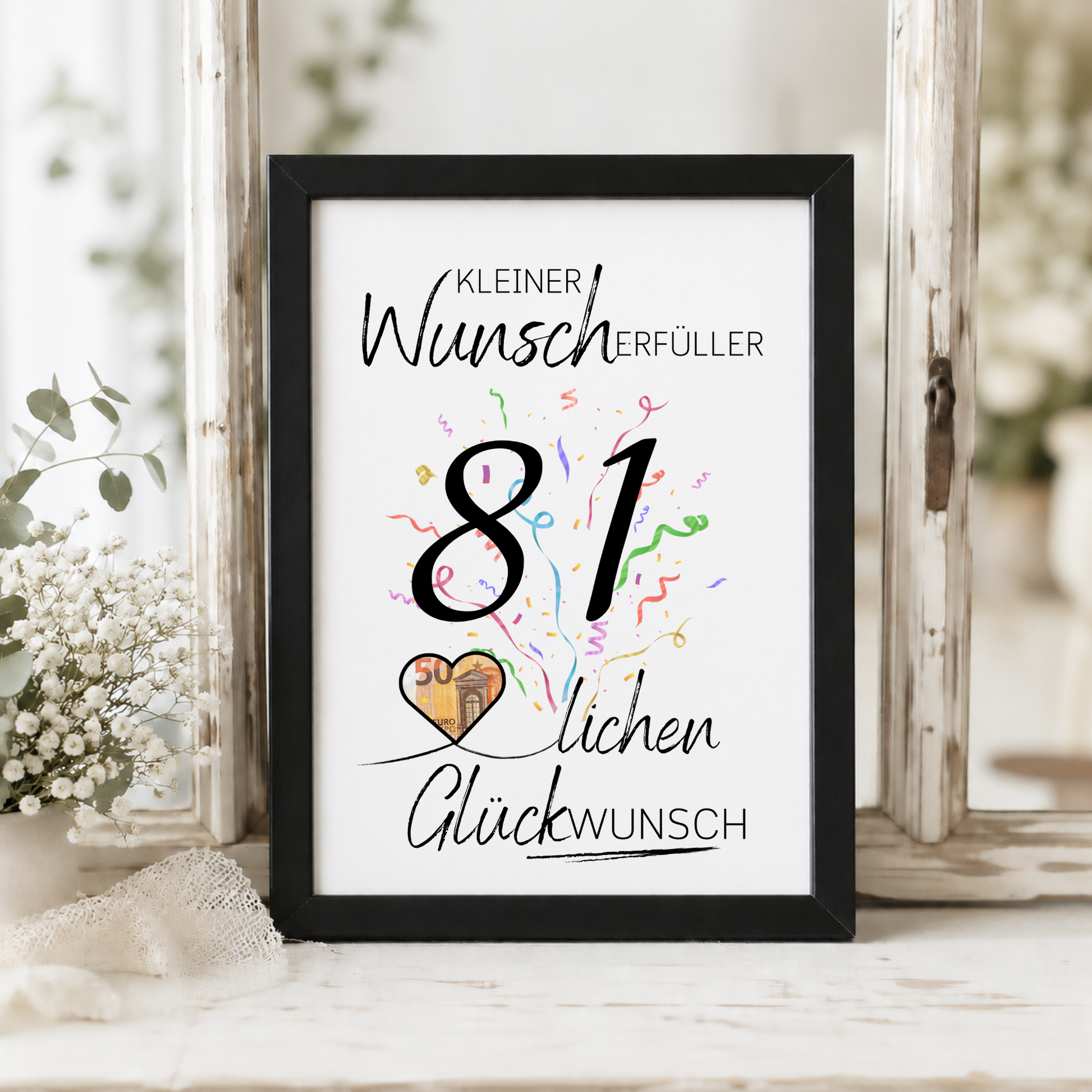 Geldgeschenk 81 Geburtstag Printable mit Konfetti, Schriftzug Kleiner Wunscherfüller, Herz zum Ausschneiden für Geldschein, Digital Download DIN A4