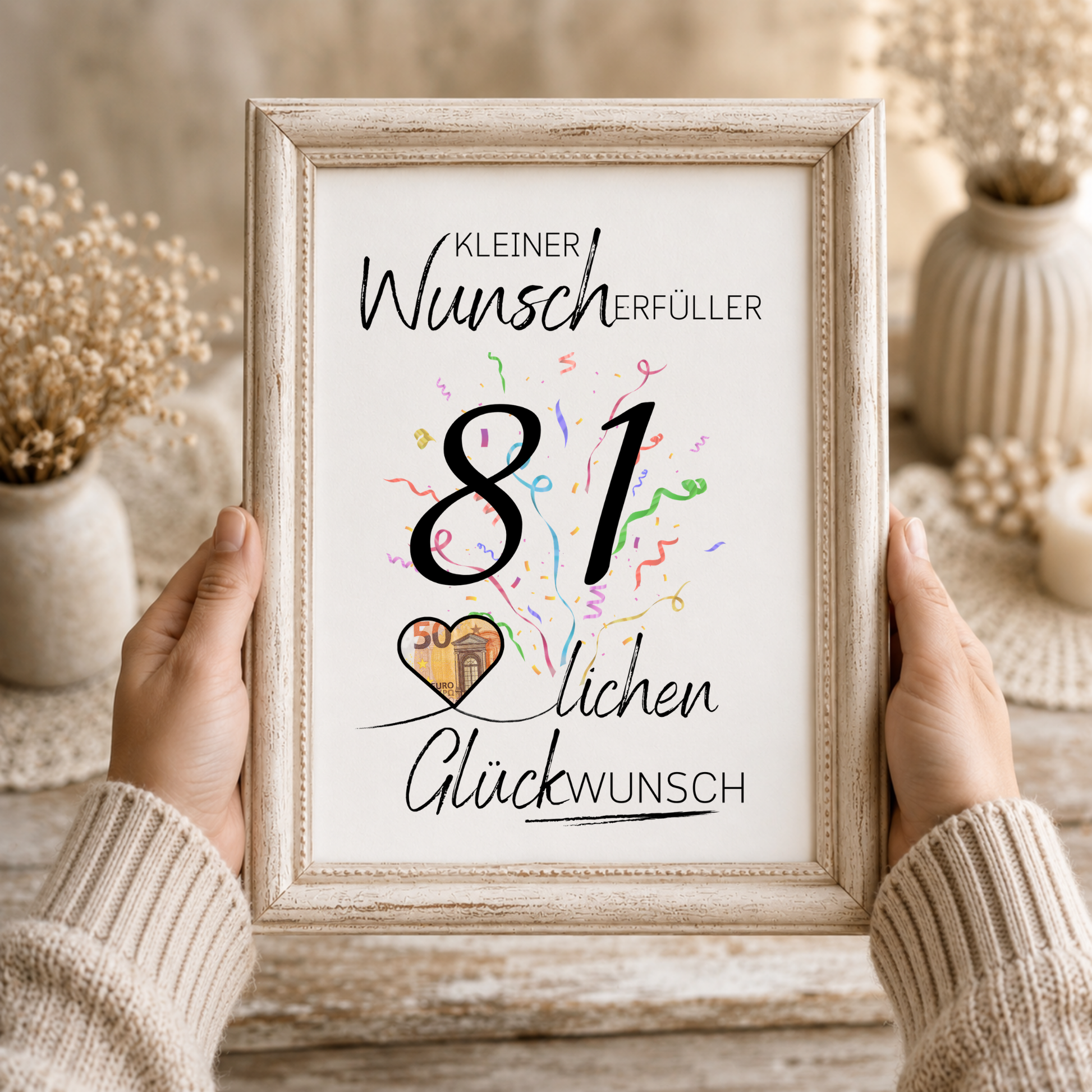 Geldgeschenk 81 Geburtstag Printable mit Konfetti, Schriftzug Kleiner Wunscherfüller, Herz zum Ausschneiden für Geldschein, Digital Download DIN A4