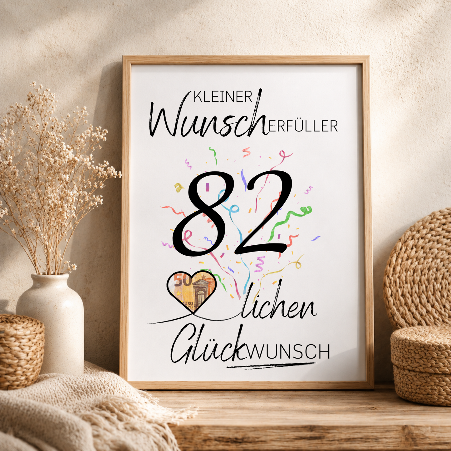 Geldgeschenk 82 Geburtstag Printable mit Konfetti, Herz für Geldschein, Wunscherfüller Schriftzug und modernem Geburtstagsdesign zum Ausdrucken