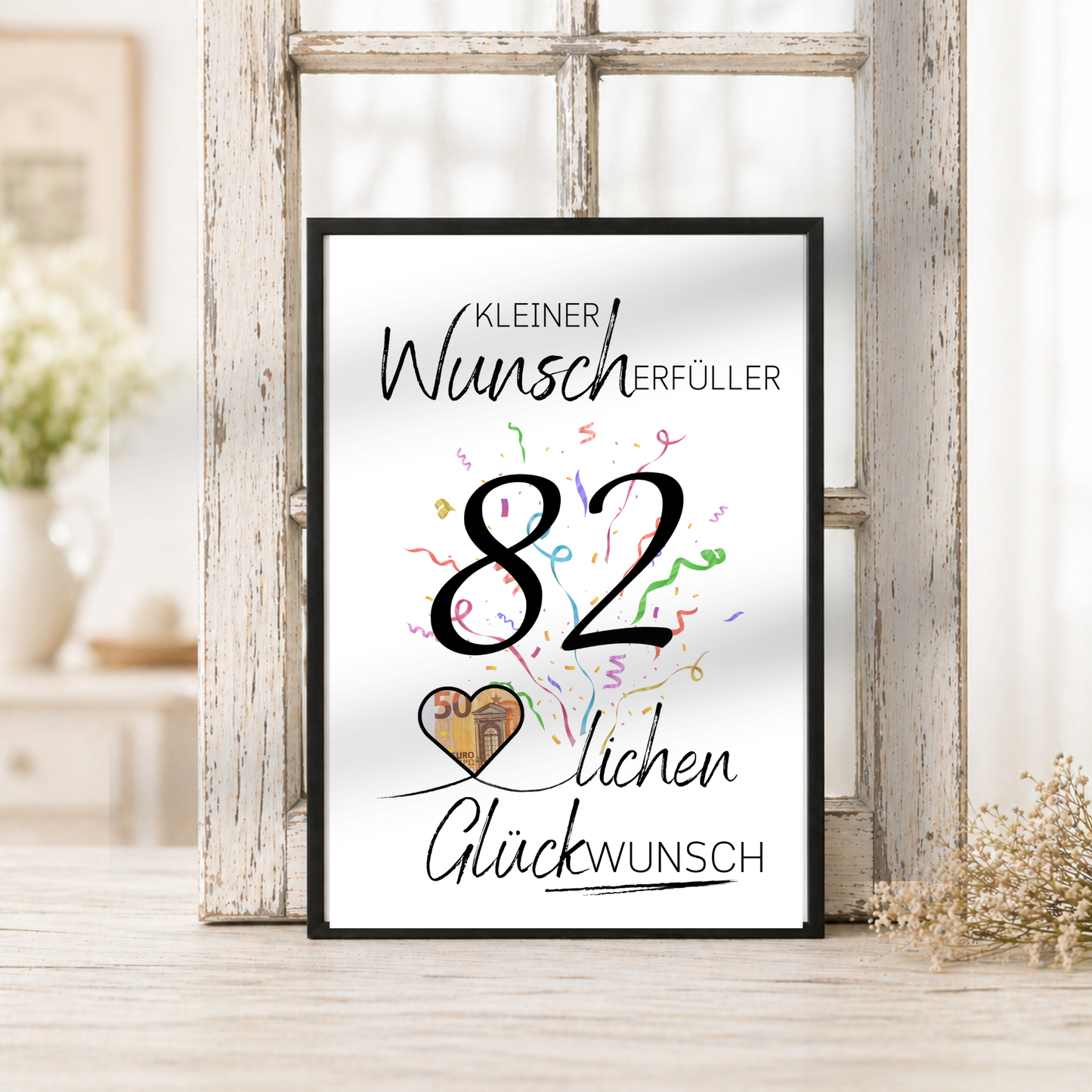 Geldgeschenk 82 Geburtstag Printable mit Konfetti, Herz für Geldschein, Wunscherfüller Schriftzug und modernem Geburtstagsdesign zum Ausdrucken