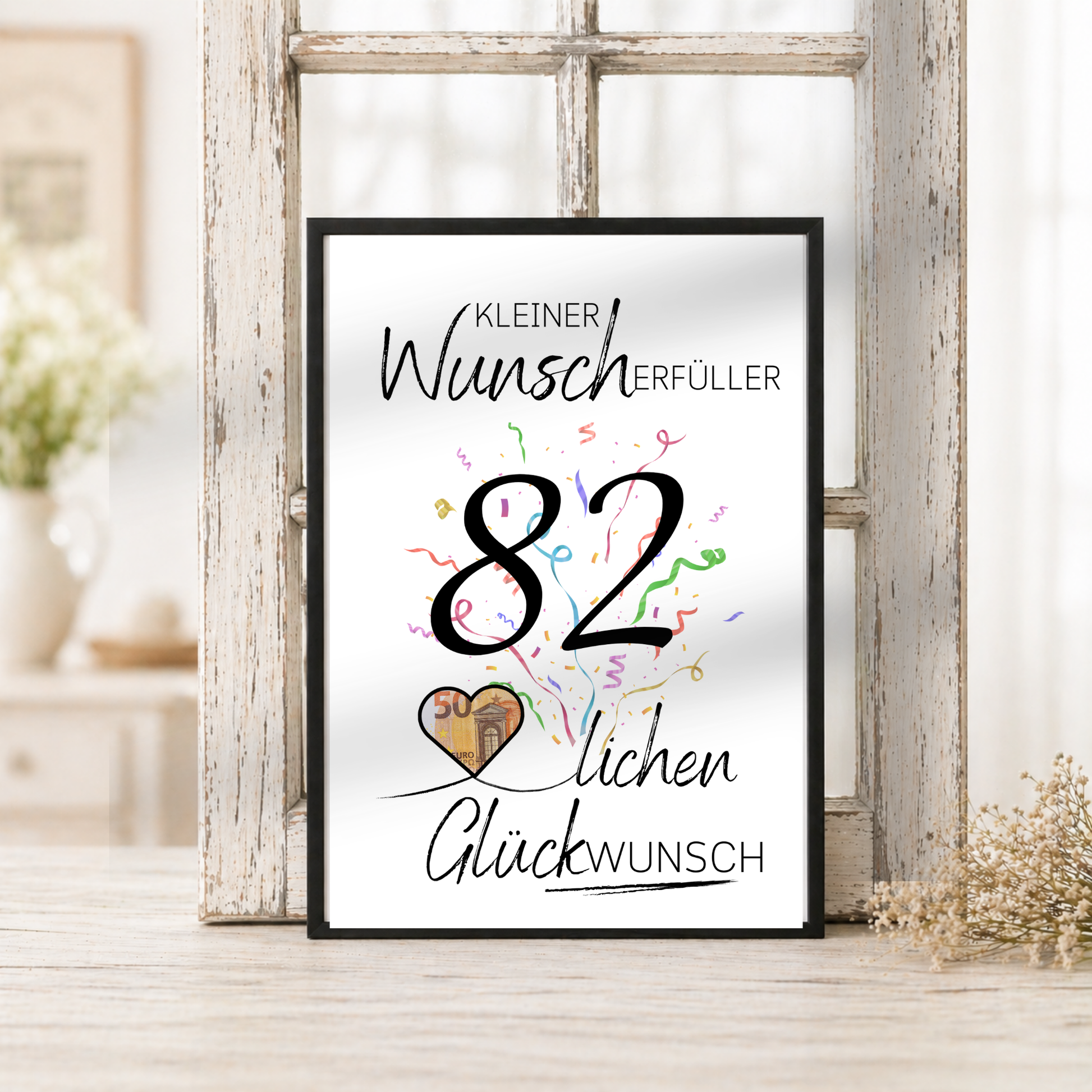 Geldgeschenk 82 Geburtstag Printable mit Konfetti, Herz für Geldschein, Wunscherfüller Schriftzug und modernem Geburtstagsdesign zum Ausdrucken