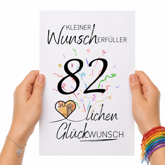 Geldgeschenk 82 Geburtstag Printable mit Konfetti, Herz für Geldschein, Wunscherfüller Schriftzug und modernem Geburtstagsdesign zum Ausdrucken