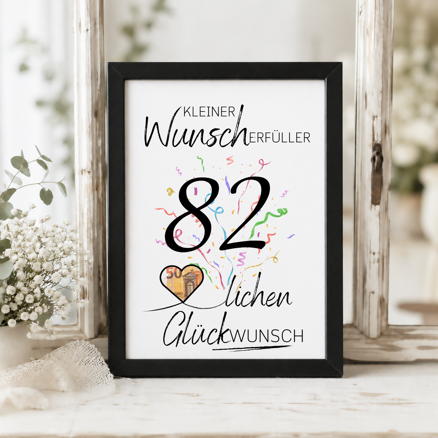 Geldgeschenk 82 Geburtstag Printable mit Konfetti, Herz für Geldschein, Wunscherfüller Schriftzug und modernem Geburtstagsdesign zum Ausdrucken