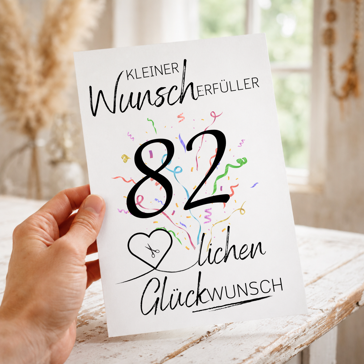 Geldgeschenk 82 Geburtstag Printable mit Konfetti, Herz für Geldschein, Wunscherfüller Schriftzug und modernem Geburtstagsdesign zum Ausdrucken
