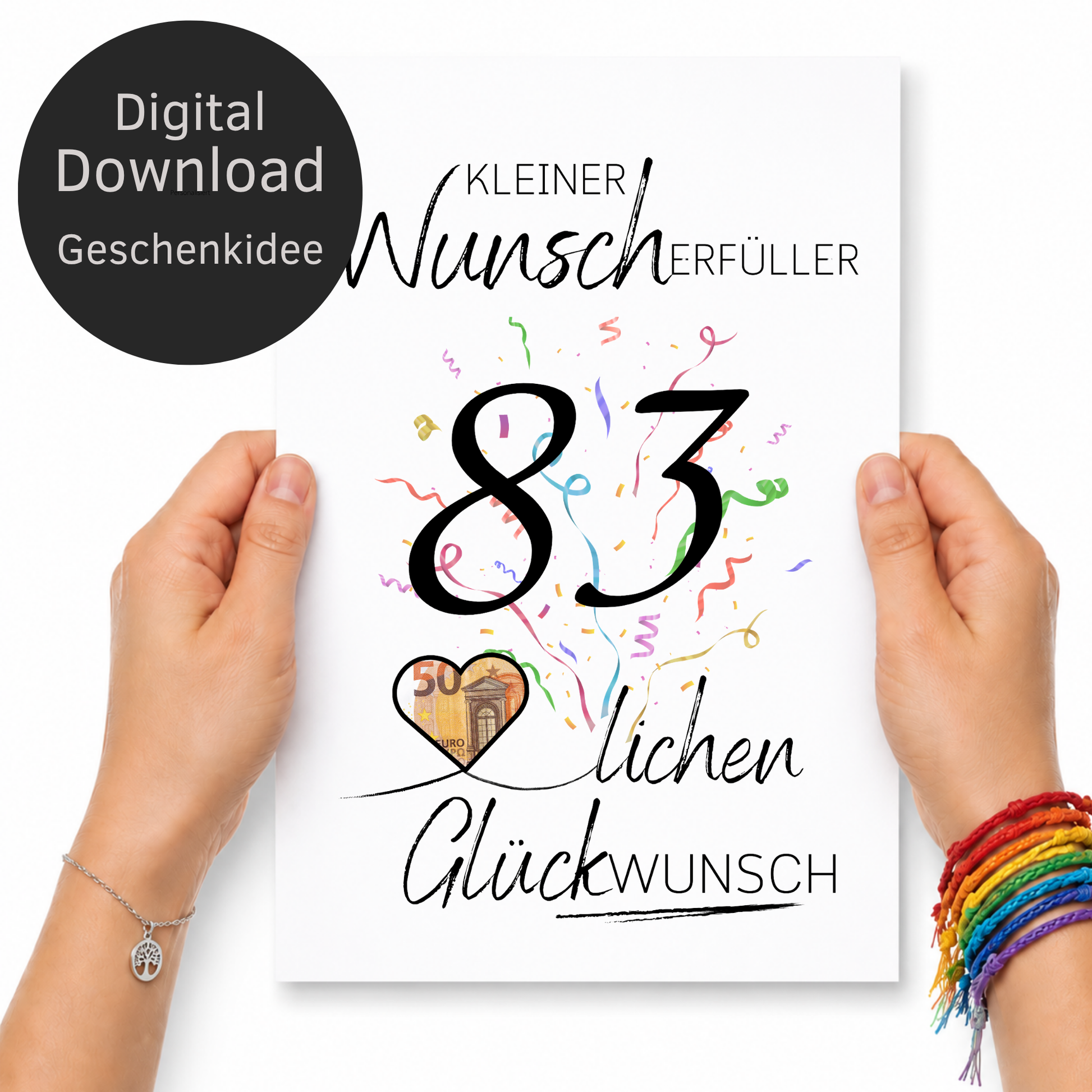 Geldgeschenk 83. Geburtstag Printable mit Konfetti, Herz für Geldschein, Wunscherfüller Schriftzug und modernem Geburtstagsdesign zum Ausdrucken