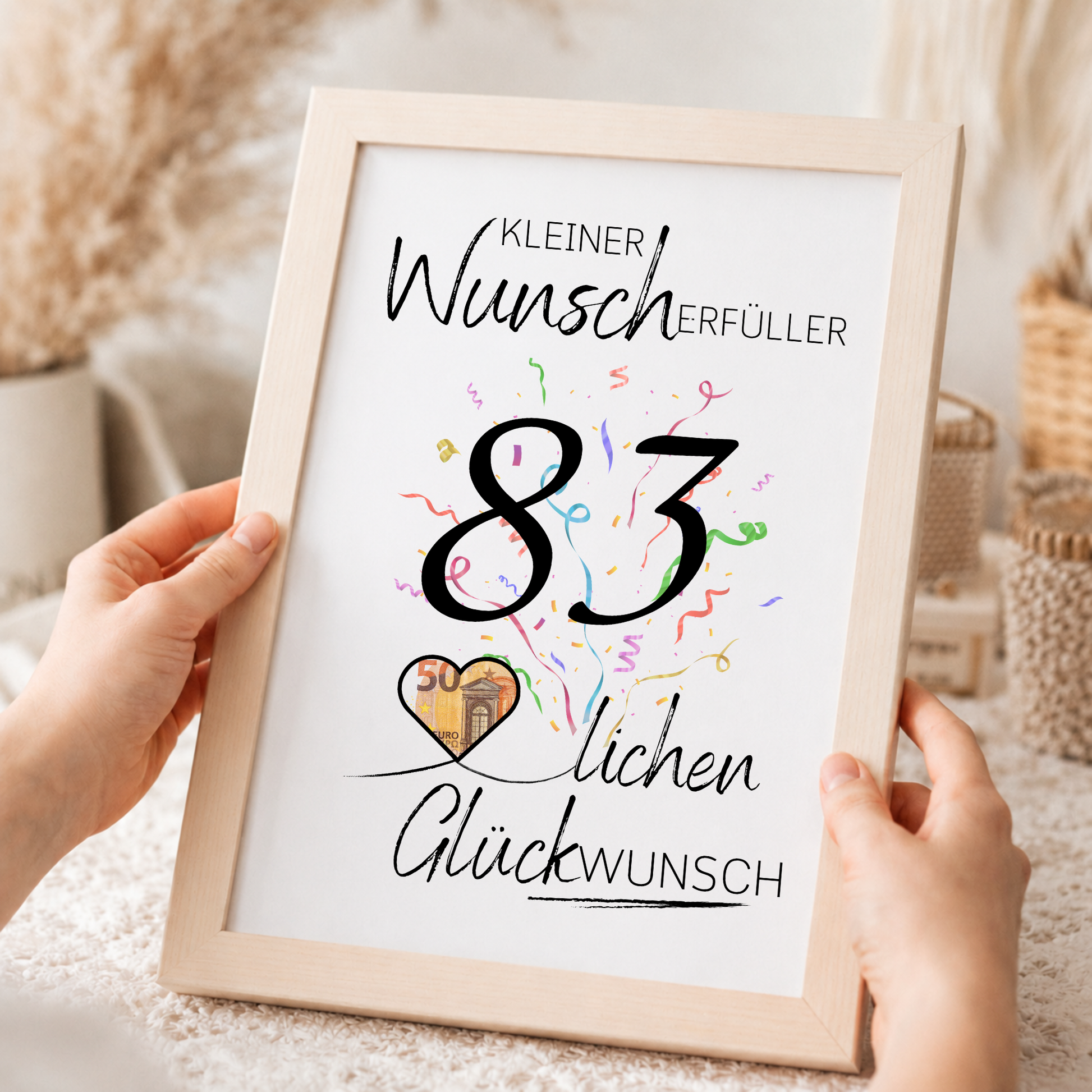 Geldgeschenk 83. Geburtstag Printable mit Konfetti, Herz für Geldschein, Wunscherfüller Schriftzug und modernem Geburtstagsdesign zum Ausdrucken