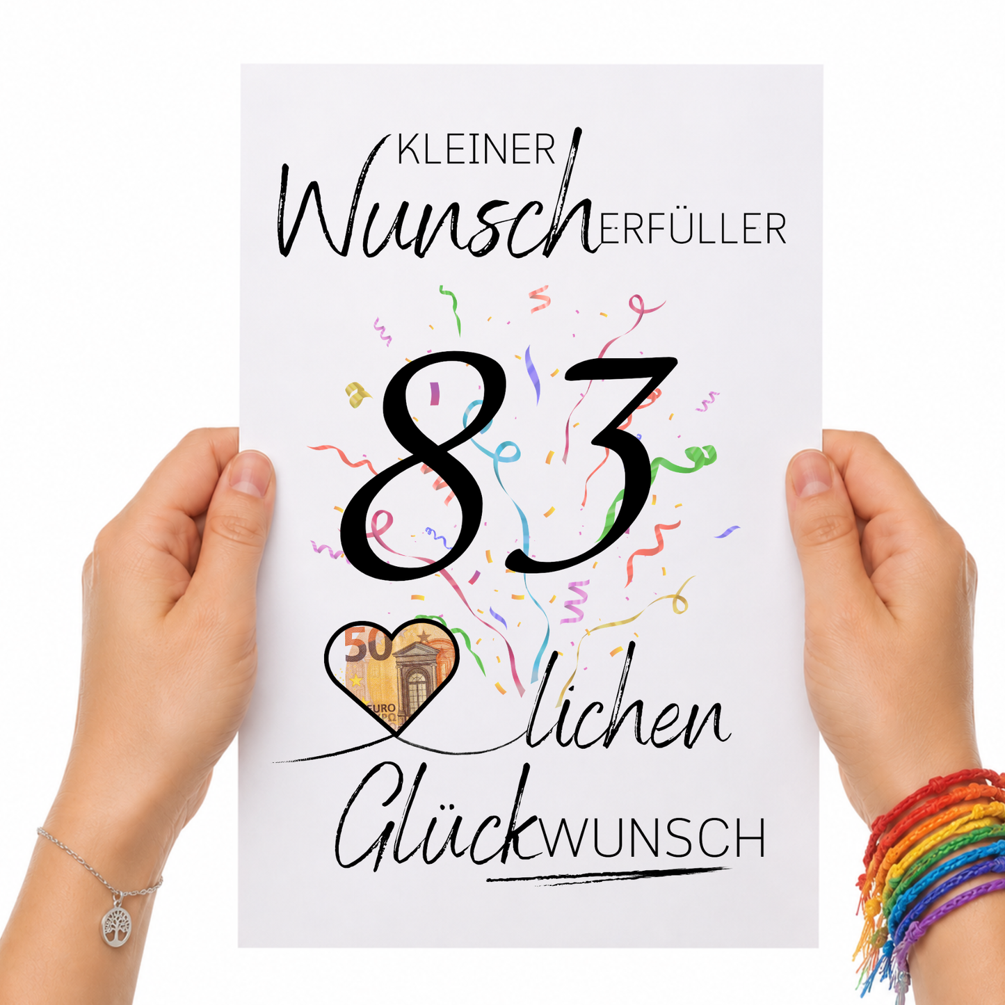 Geldgeschenk 83. Geburtstag Printable mit Konfetti, Herz für Geldschein, Wunscherfüller Schriftzug und modernem Geburtstagsdesign zum Ausdrucken
