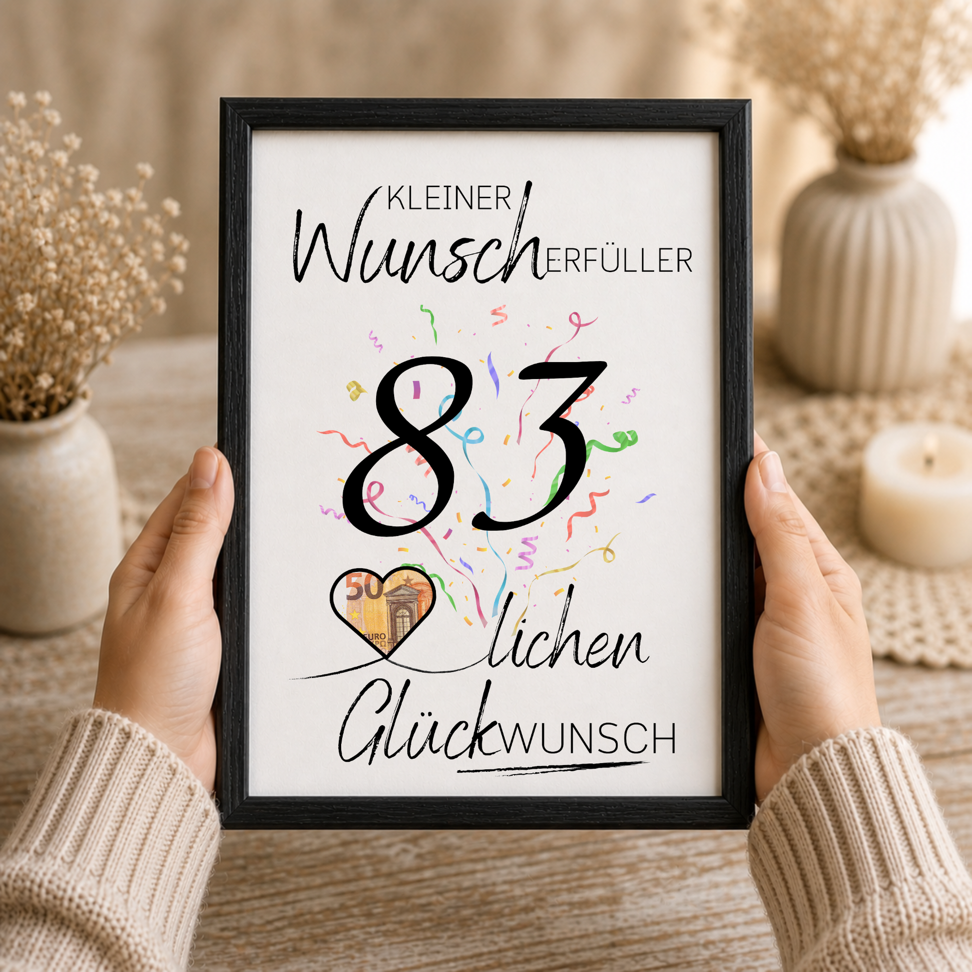 Geldgeschenk 83. Geburtstag Printable mit Konfetti, Herz für Geldschein, Wunscherfüller Schriftzug und modernem Geburtstagsdesign zum Ausdrucken