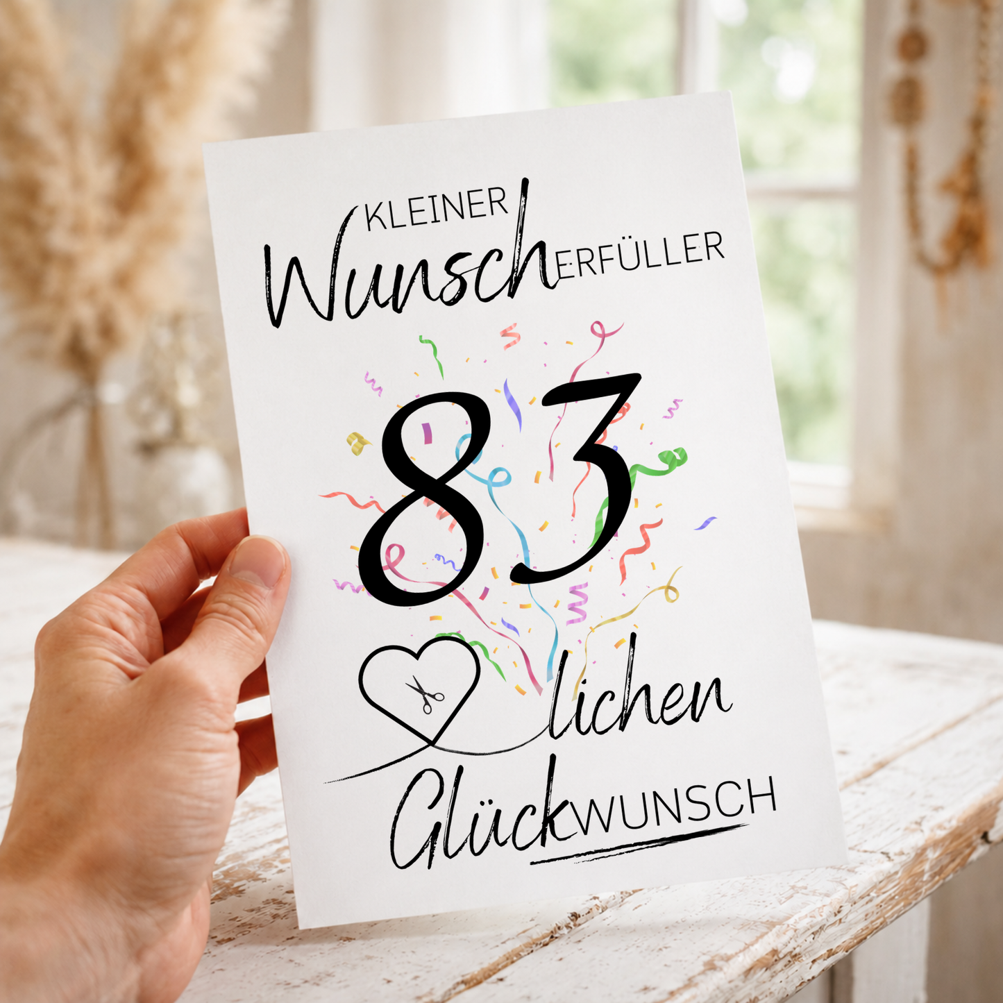 Geldgeschenk 83. Geburtstag Printable mit Konfetti, Herz für Geldschein, Wunscherfüller Schriftzug und modernem Geburtstagsdesign zum Ausdrucken
