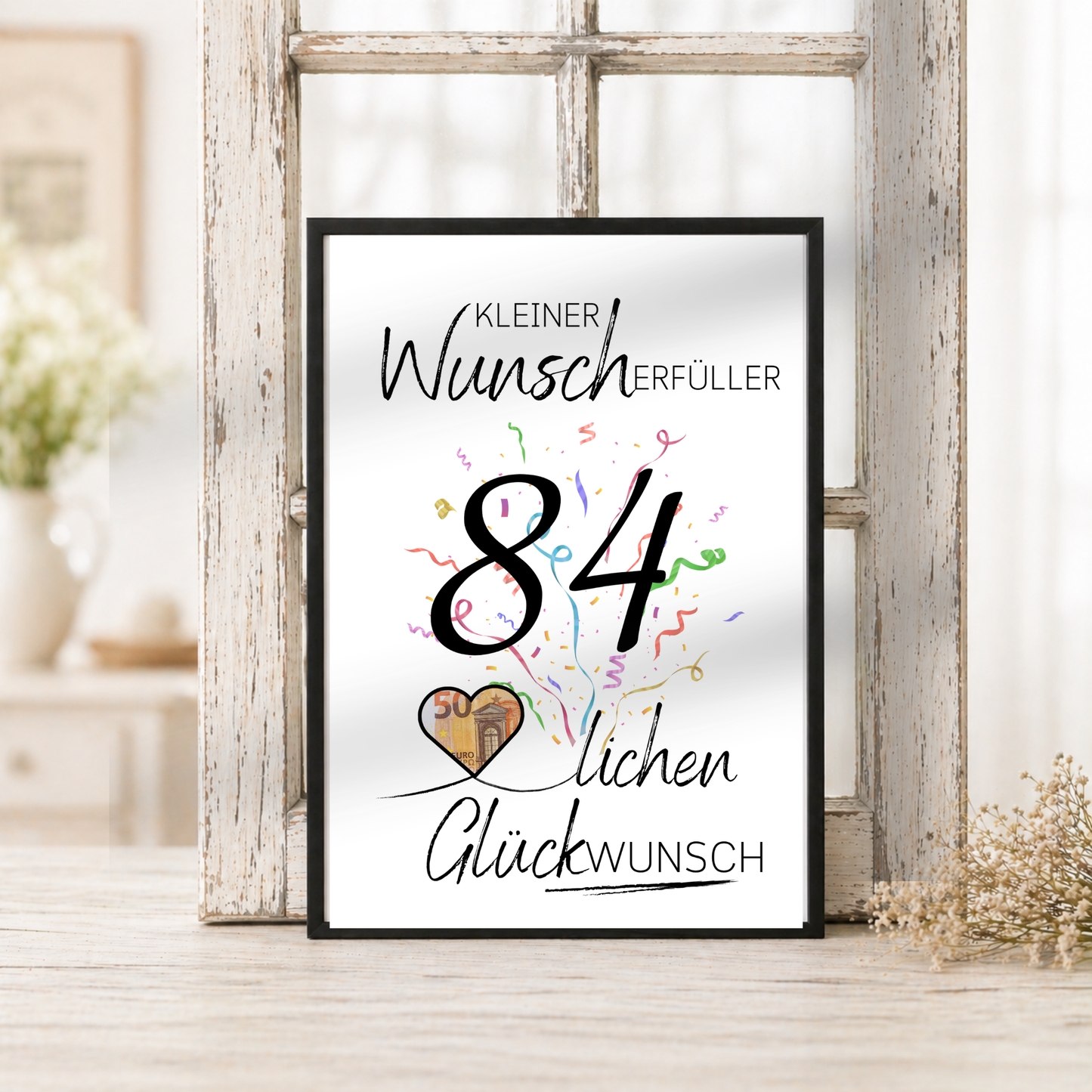 Geldgeschenk 84 Geburtstag Printable mit Konfetti, Herz für Geldschein, Kleiner Wunscherfüller, Glückwunsch Motiv als PDF Download zum Ausdrucken