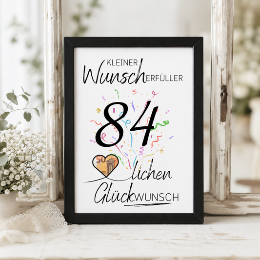 Geldgeschenk 84 Geburtstag Printable mit Konfetti, Herz für Geldschein, Kleiner Wunscherfüller, Glückwunsch Motiv als PDF Download zum Ausdrucken