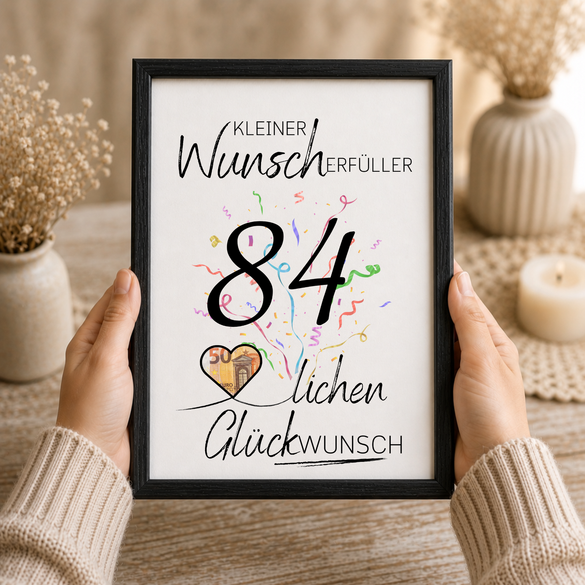 Geldgeschenk 84 Geburtstag Printable mit Konfetti, Herz für Geldschein, Kleiner Wunscherfüller, Glückwunsch Motiv als PDF Download zum Ausdrucken