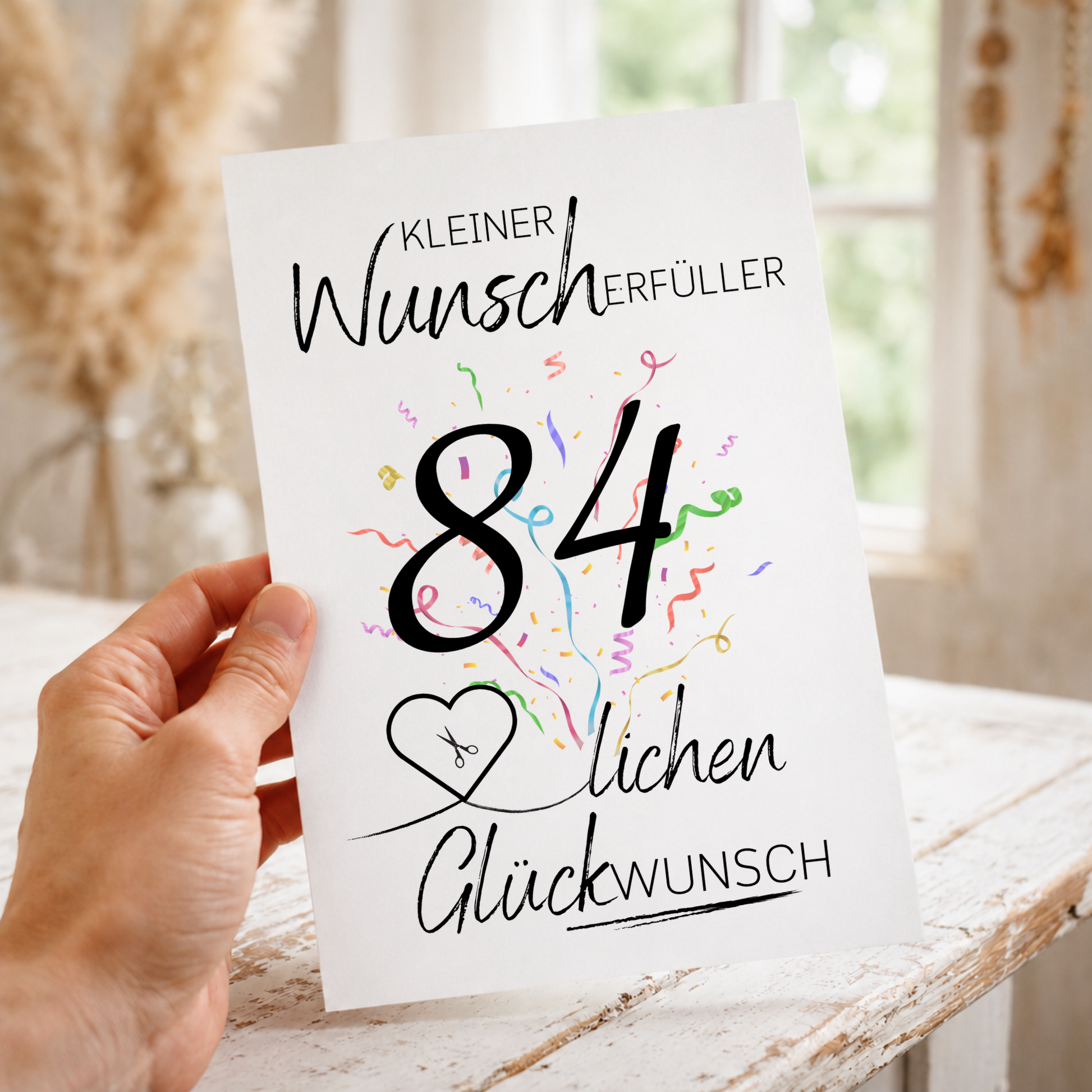 Geldgeschenk 84 Geburtstag Printable mit Konfetti, Herz für Geldschein, Kleiner Wunscherfüller, Glückwunsch Motiv als PDF Download zum Ausdrucken