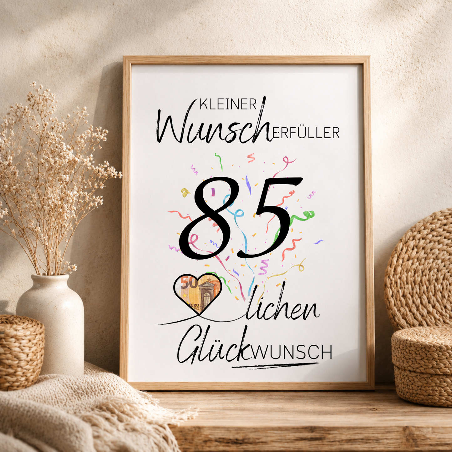 Geldgeschenk 85. Geburtstag Printable mit schwarzer Schrift, großem Schriftzug „85“, buntem Konfetti und Herzmotiv für Geldschein als Wunscherfüller zum Ausdrucken