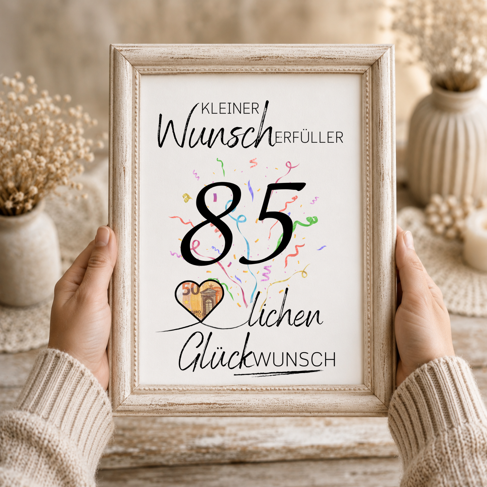 Geldgeschenk 85. Geburtstag Printable mit schwarzer Schrift, großem Schriftzug „85“, buntem Konfetti und Herzmotiv für Geldschein als Wunscherfüller zum Ausdrucken