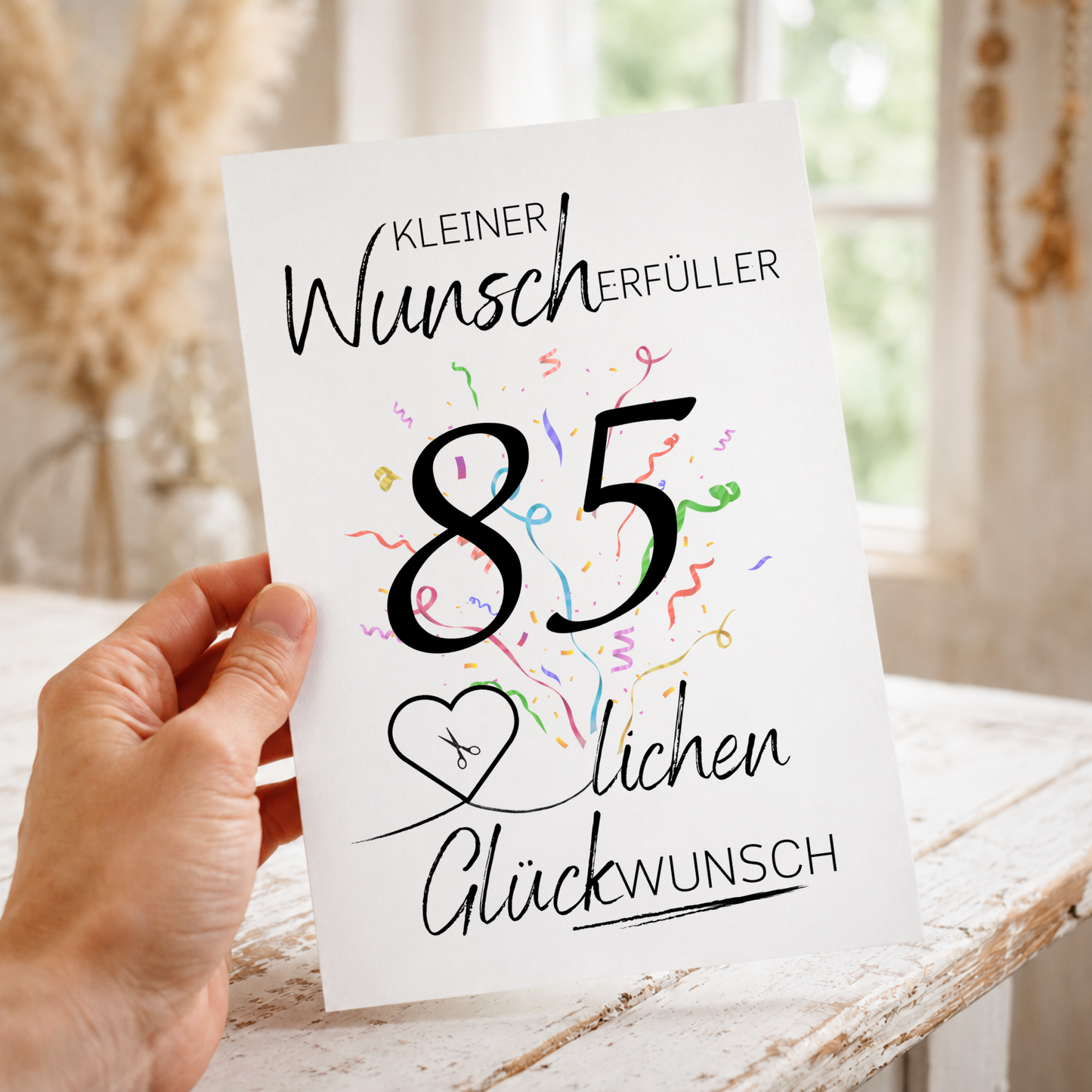 Geldgeschenk 85. Geburtstag Printable mit schwarzer Schrift, großem Schriftzug „85“, buntem Konfetti und Herzmotiv für Geldschein als Wunscherfüller zum Ausdrucken