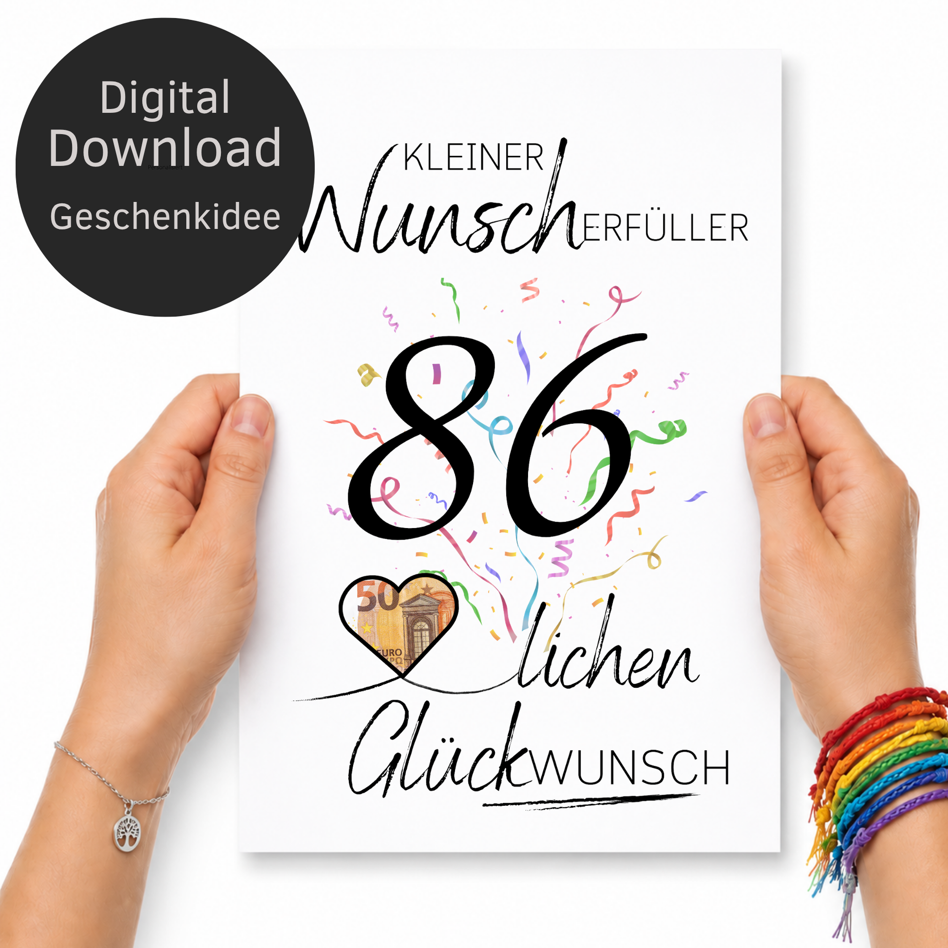 Geldgeschenk 86. Geburtstag Printable mit Konfetti, Herzmotiv für Geldschein, Wunscherfüller Schriftzug und modernem Geburtstagsdesign als Digital Download DIN A4