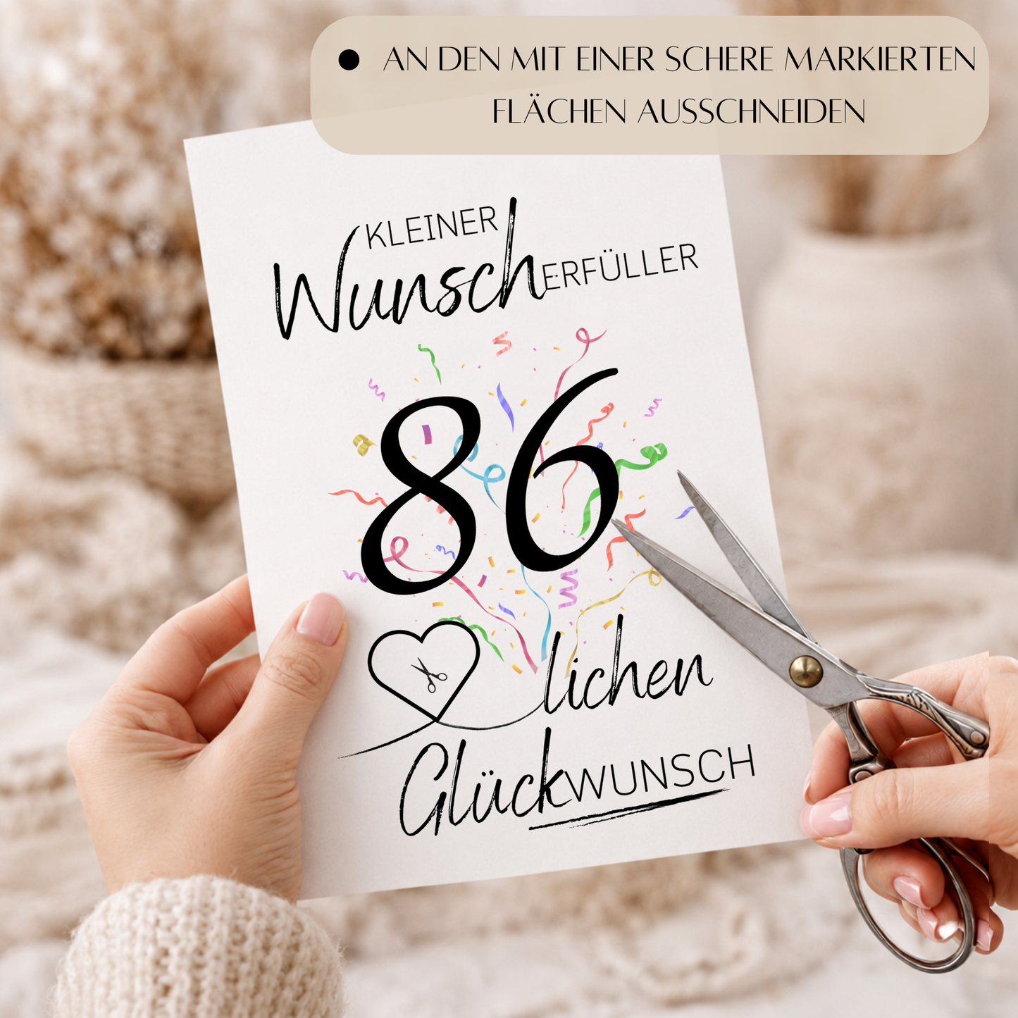 Geldgeschenk 86. Geburtstag Printable mit Konfetti, Herzmotiv für Geldschein, Wunscherfüller Schriftzug und modernem Geburtstagsdesign als Digital Download DIN A4