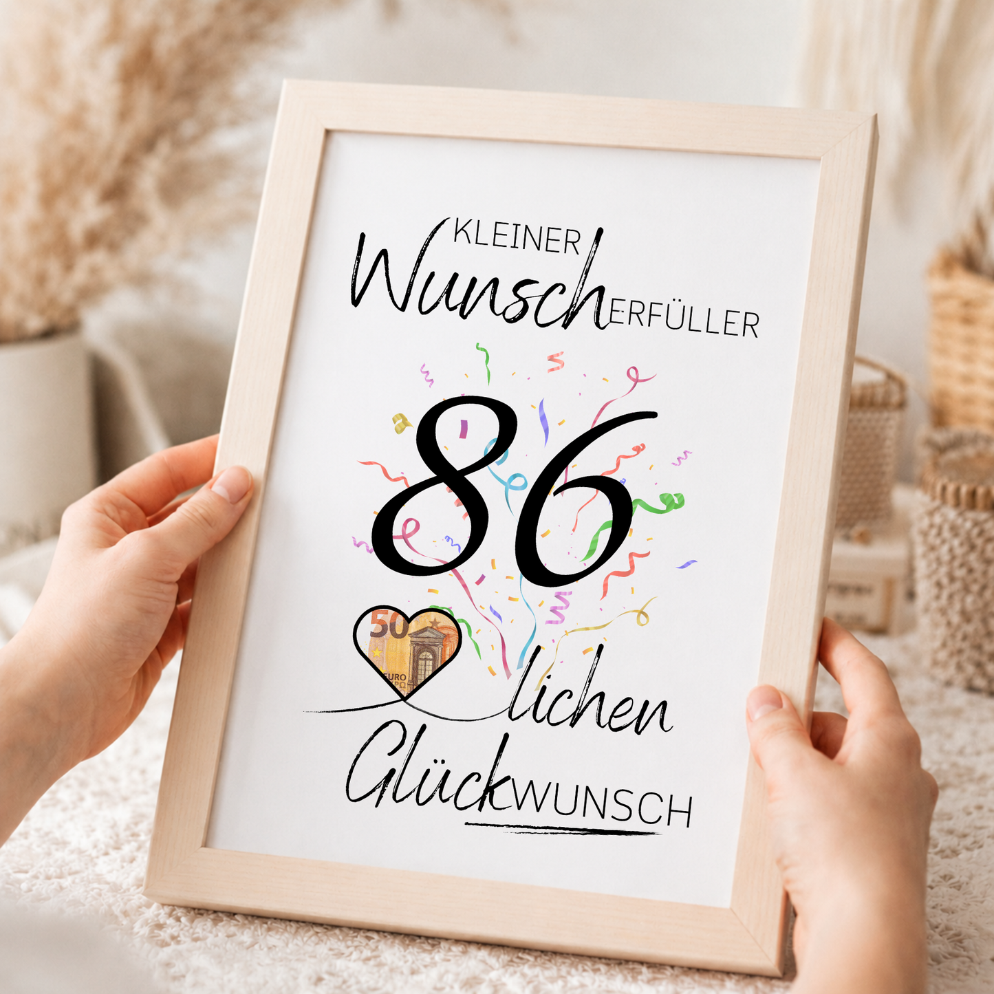 Geldgeschenk 86. Geburtstag Printable mit Konfetti, Herzmotiv für Geldschein, Wunscherfüller Schriftzug und modernem Geburtstagsdesign als Digital Download DIN A4