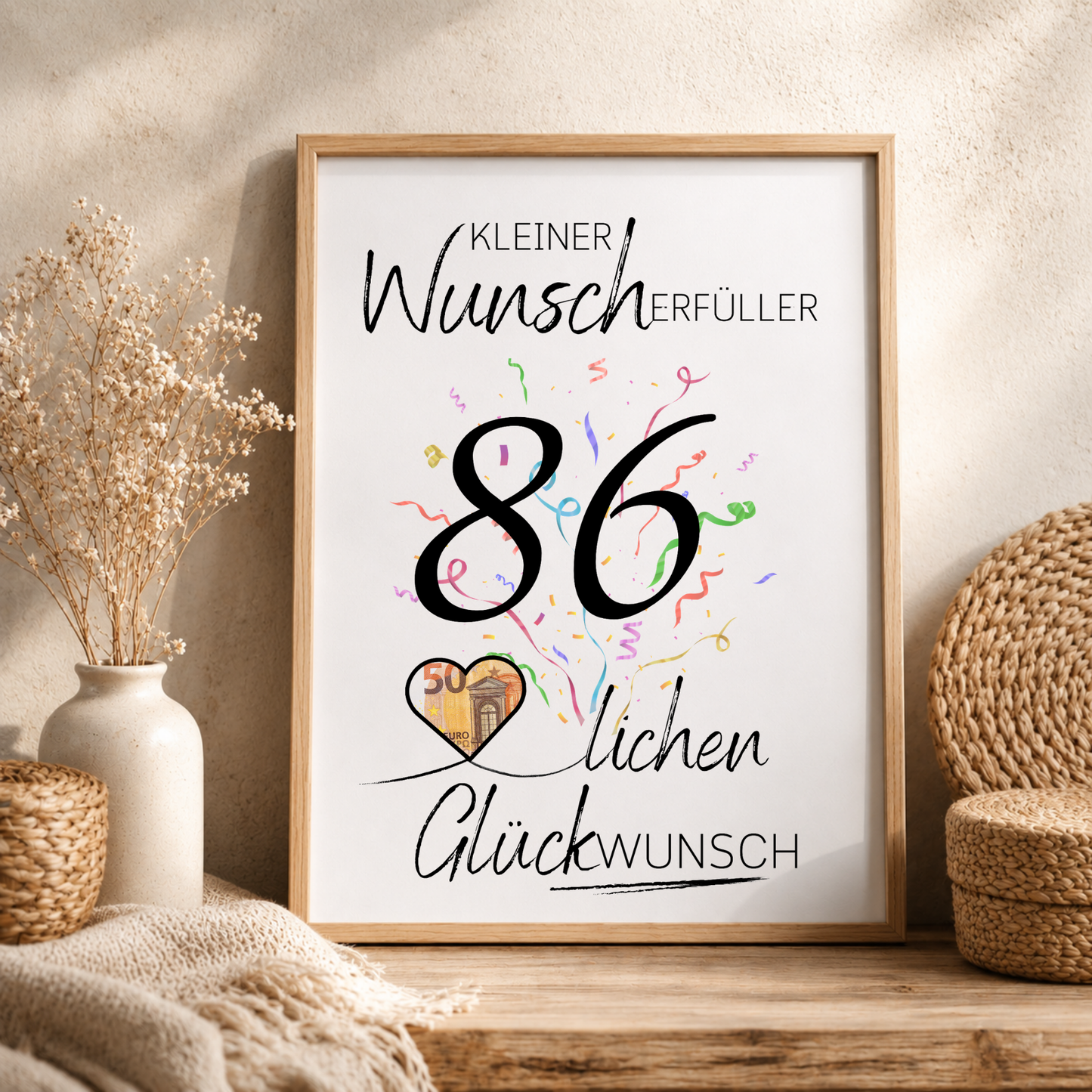Geldgeschenk 86. Geburtstag Printable mit Konfetti, Herzmotiv für Geldschein, Wunscherfüller Schriftzug und modernem Geburtstagsdesign als Digital Download DIN A4