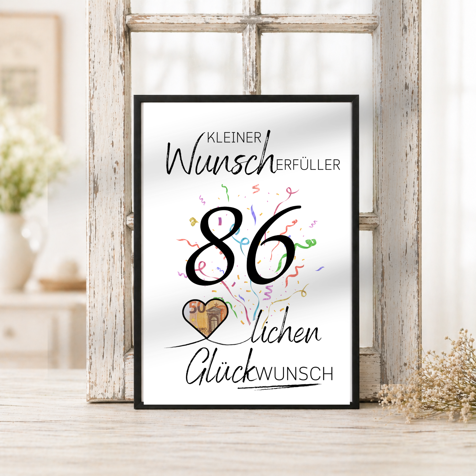 Geldgeschenk 86. Geburtstag Printable mit Konfetti, Herzmotiv für Geldschein, Wunscherfüller Schriftzug und modernem Geburtstagsdesign als Digital Download DIN A4