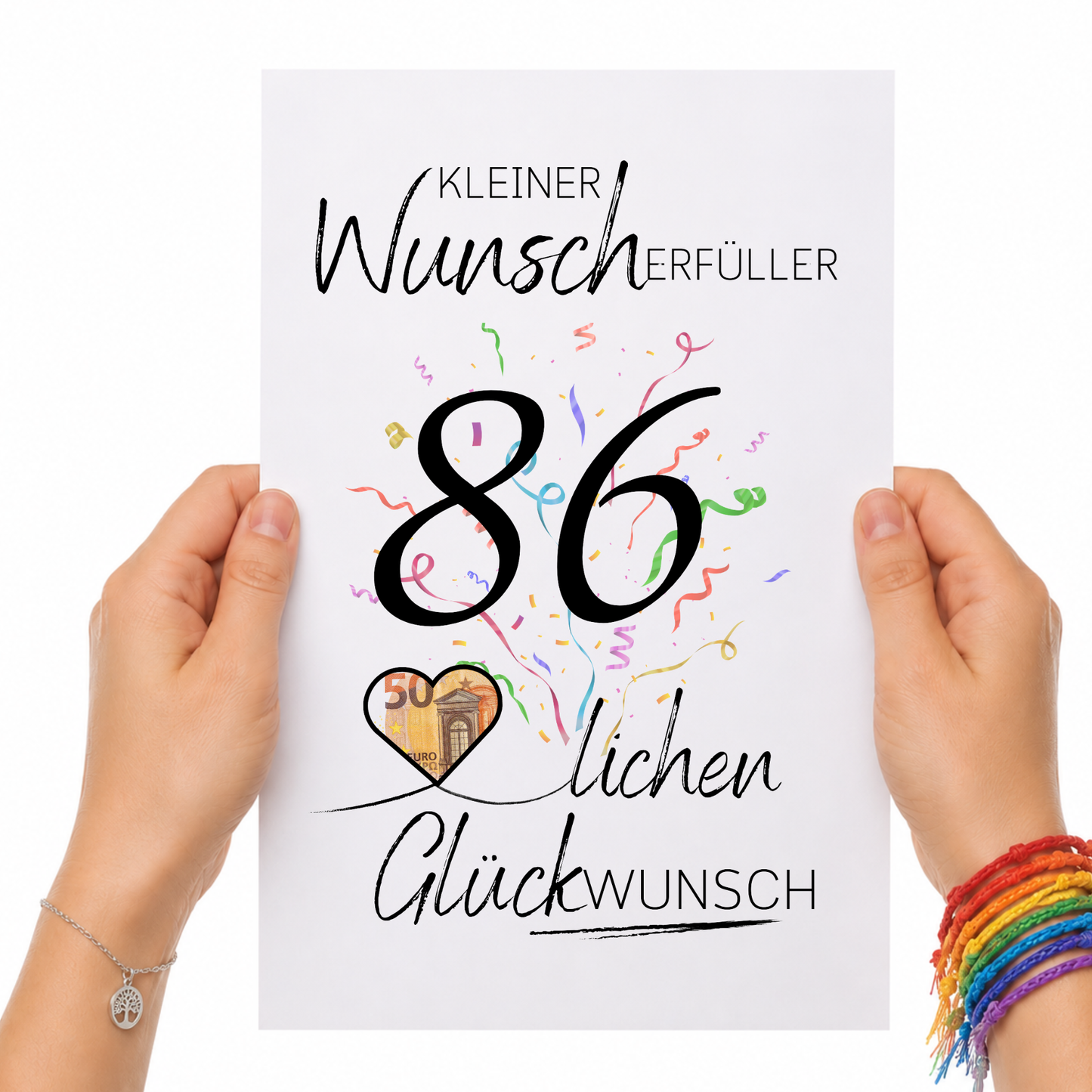 Geldgeschenk 86. Geburtstag Printable mit Konfetti, Herzmotiv für Geldschein, Wunscherfüller Schriftzug und modernem Geburtstagsdesign als Digital Download DIN A4