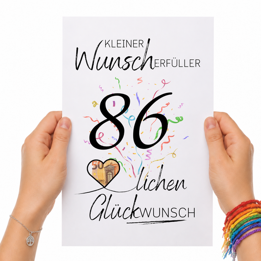 Geldgeschenk 86. Geburtstag Printable mit Konfetti, Herzmotiv für Geldschein, Wunscherfüller Schriftzug und modernem Geburtstagsdesign als Digital Download DIN A4