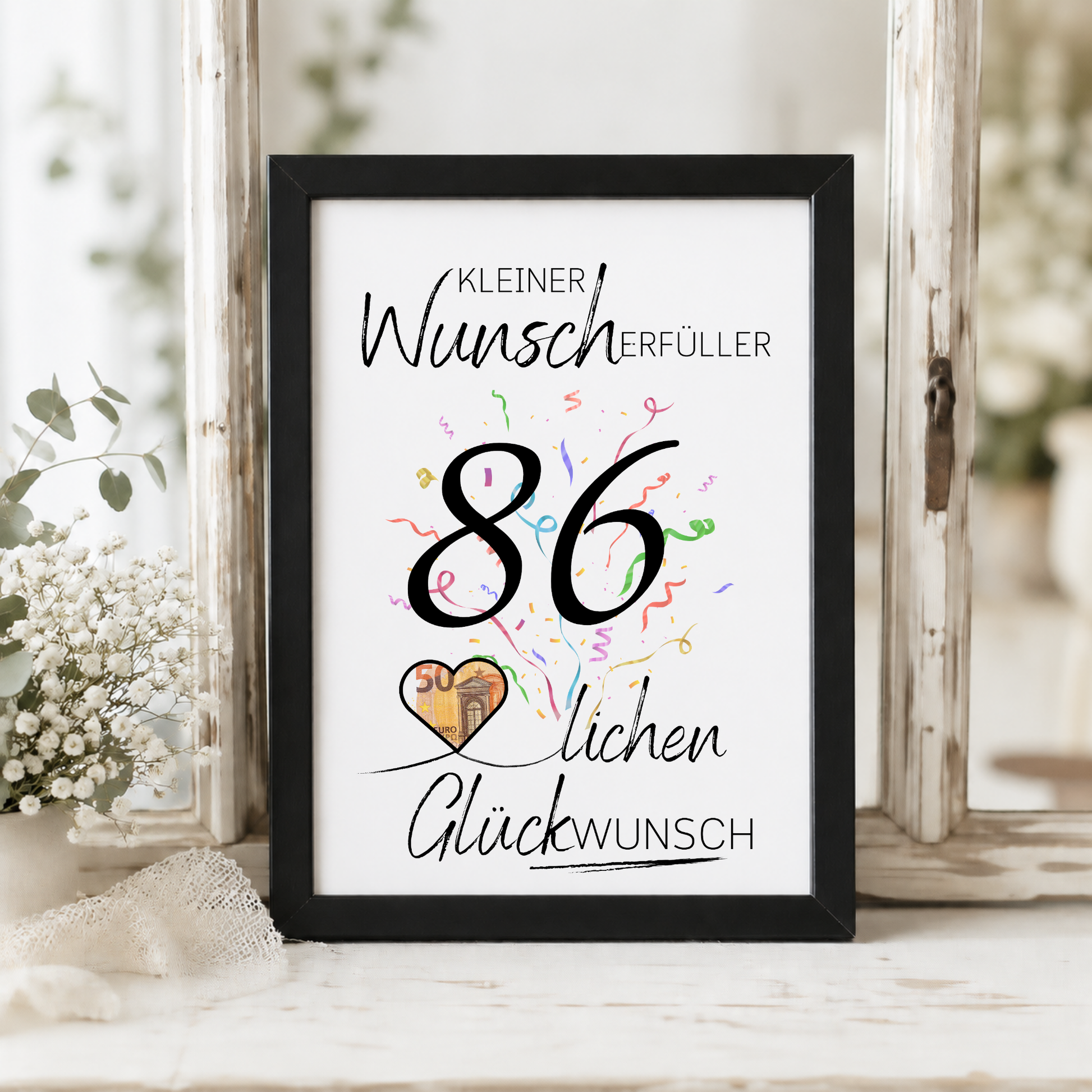 Geldgeschenk 86. Geburtstag Printable mit Konfetti, Herzmotiv für Geldschein, Wunscherfüller Schriftzug und modernem Geburtstagsdesign als Digital Download DIN A4