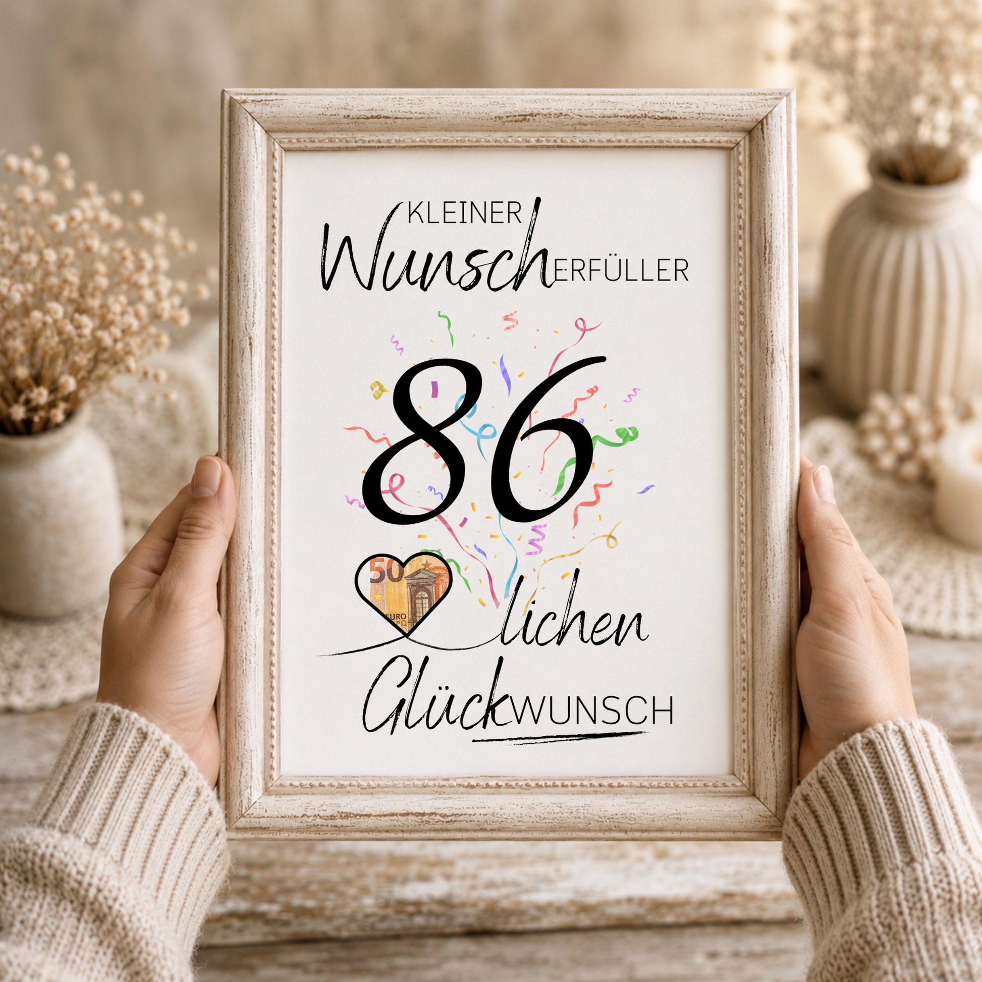 Geldgeschenk 86. Geburtstag Printable mit Konfetti, Herzmotiv für Geldschein, Wunscherfüller Schriftzug und modernem Geburtstagsdesign als Digital Download DIN A4