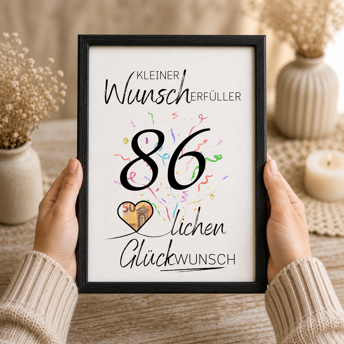 Geldgeschenk 86. Geburtstag Printable mit Konfetti, Herzmotiv für Geldschein, Wunscherfüller Schriftzug und modernem Geburtstagsdesign als Digital Download DIN A4