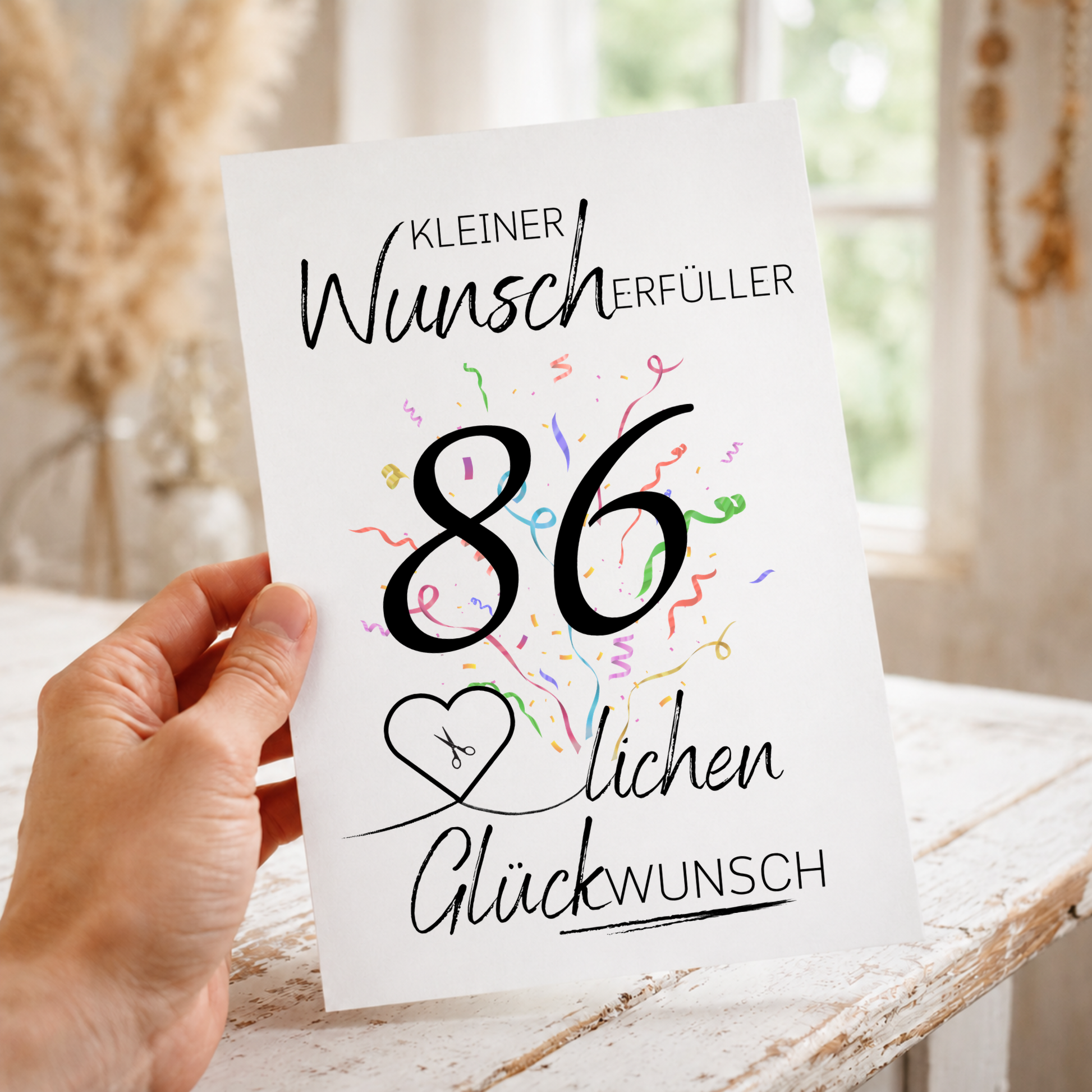 Geldgeschenk 86. Geburtstag Printable mit Konfetti, Herzmotiv für Geldschein, Wunscherfüller Schriftzug und modernem Geburtstagsdesign als Digital Download DIN A4