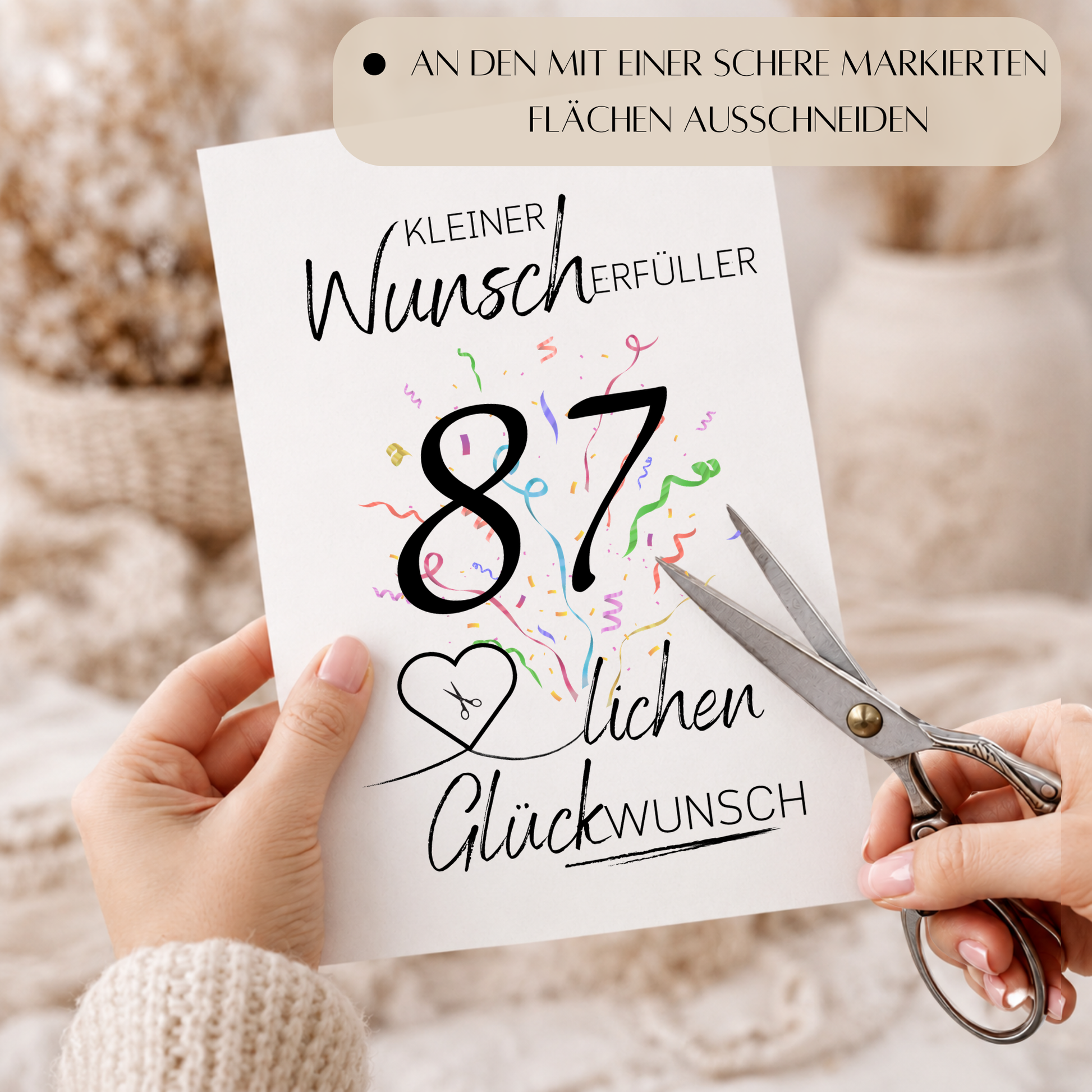 Geldgeschenk 87. Geburtstag Printable mit Konfetti, Herzmotiv für Geldschein, Schriftzug Kleiner Wunscherfüller, Glückwunsch Poster DIN A4 zum Ausdrucken