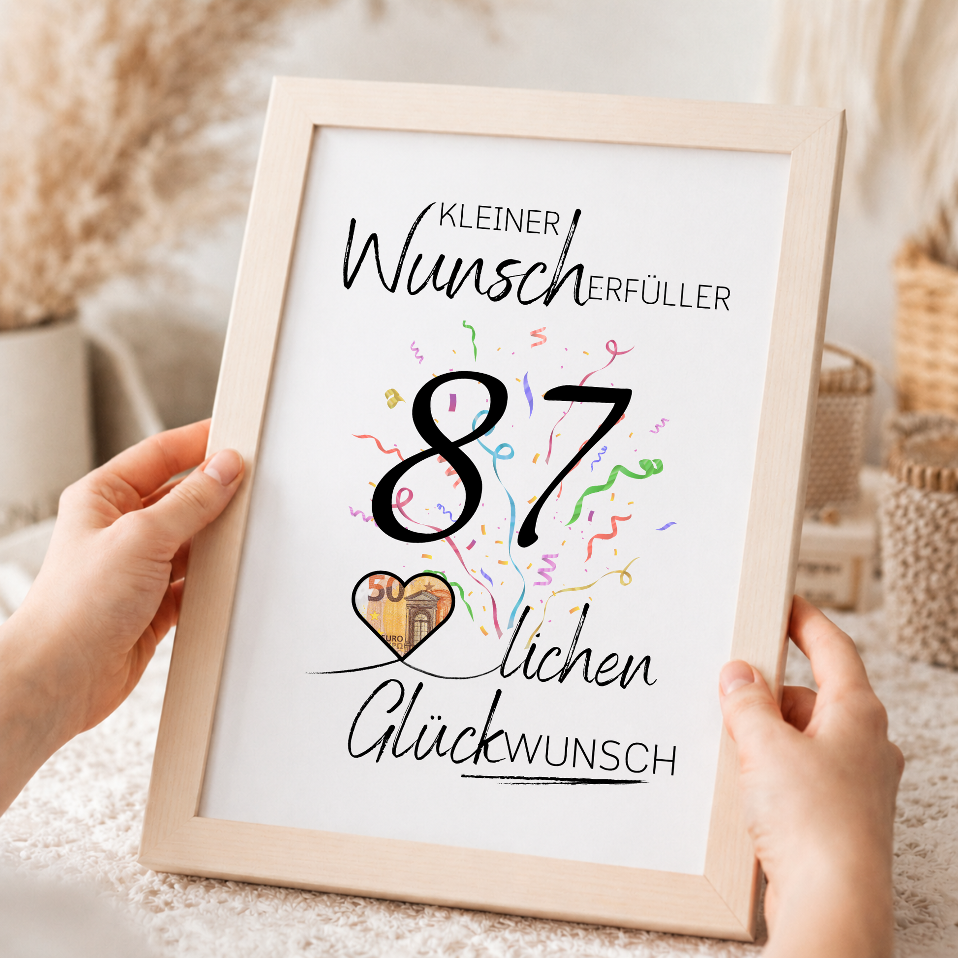 Geldgeschenk 87. Geburtstag Printable mit Konfetti, Herzmotiv für Geldschein, Schriftzug Kleiner Wunscherfüller, Glückwunsch Poster DIN A4 zum Ausdrucken