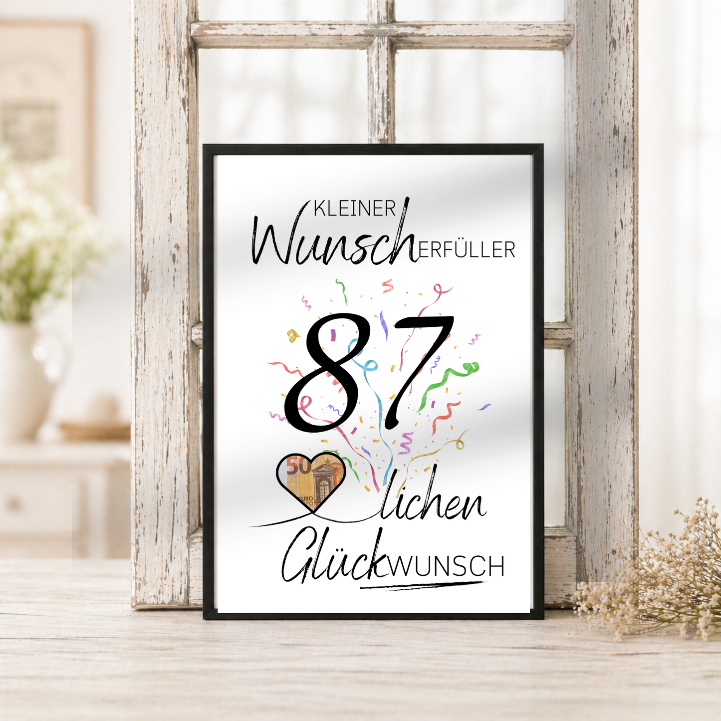 Geldgeschenk 87. Geburtstag Printable mit Konfetti, Herzmotiv für Geldschein, Schriftzug Kleiner Wunscherfüller, Glückwunsch Poster DIN A4 zum Ausdrucken