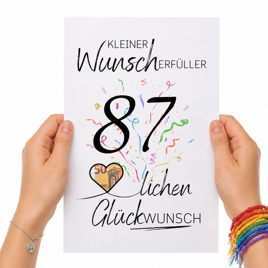 Geldgeschenk 87. Geburtstag Printable mit Konfetti, Herzmotiv für Geldschein, Schriftzug Kleiner Wunscherfüller, Glückwunsch Poster DIN A4 zum Ausdrucken