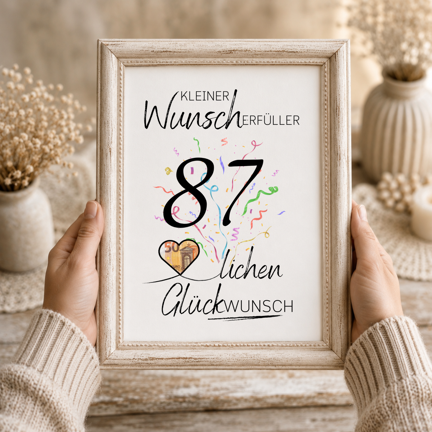 Geldgeschenk 87. Geburtstag Printable mit Konfetti, Herzmotiv für Geldschein, Schriftzug Kleiner Wunscherfüller, Glückwunsch Poster DIN A4 zum Ausdrucken