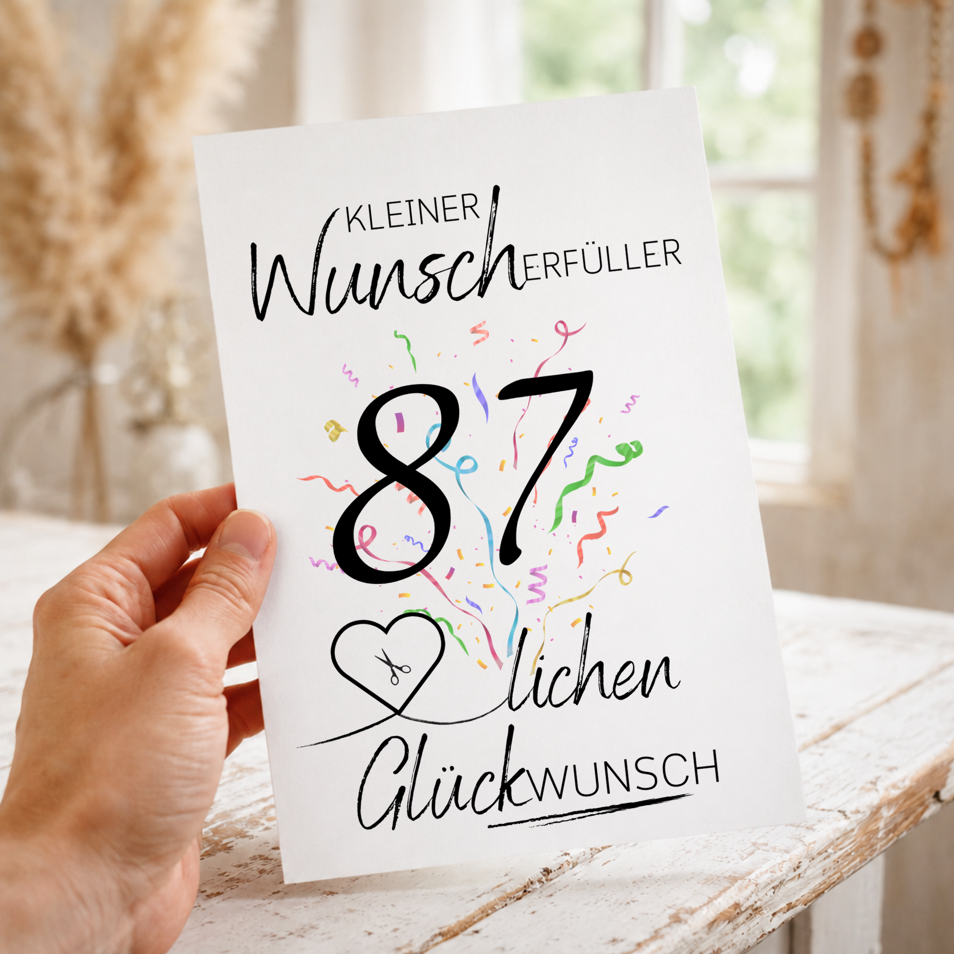 Geldgeschenk 87. Geburtstag Printable mit Konfetti, Herzmotiv für Geldschein, Schriftzug Kleiner Wunscherfüller, Glückwunsch Poster DIN A4 zum Ausdrucken