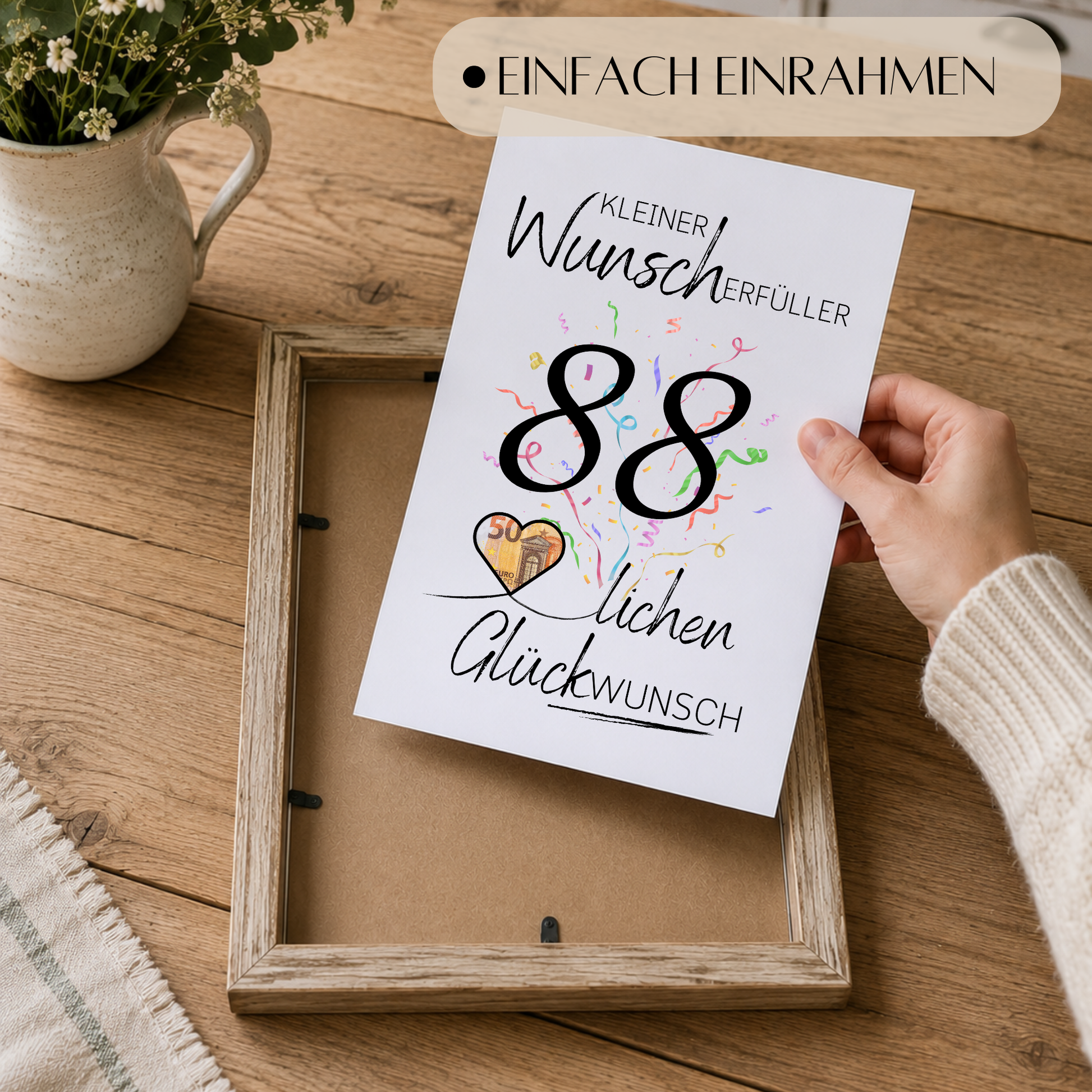 Geldgeschenk 88. Geburtstag Printable mit großer schwarzer Zahl 88, buntem Konfetti, Herz für Geldschein und Schriftzug Kleiner Wunscherfüller als Digital Download zum Ausdrucken
