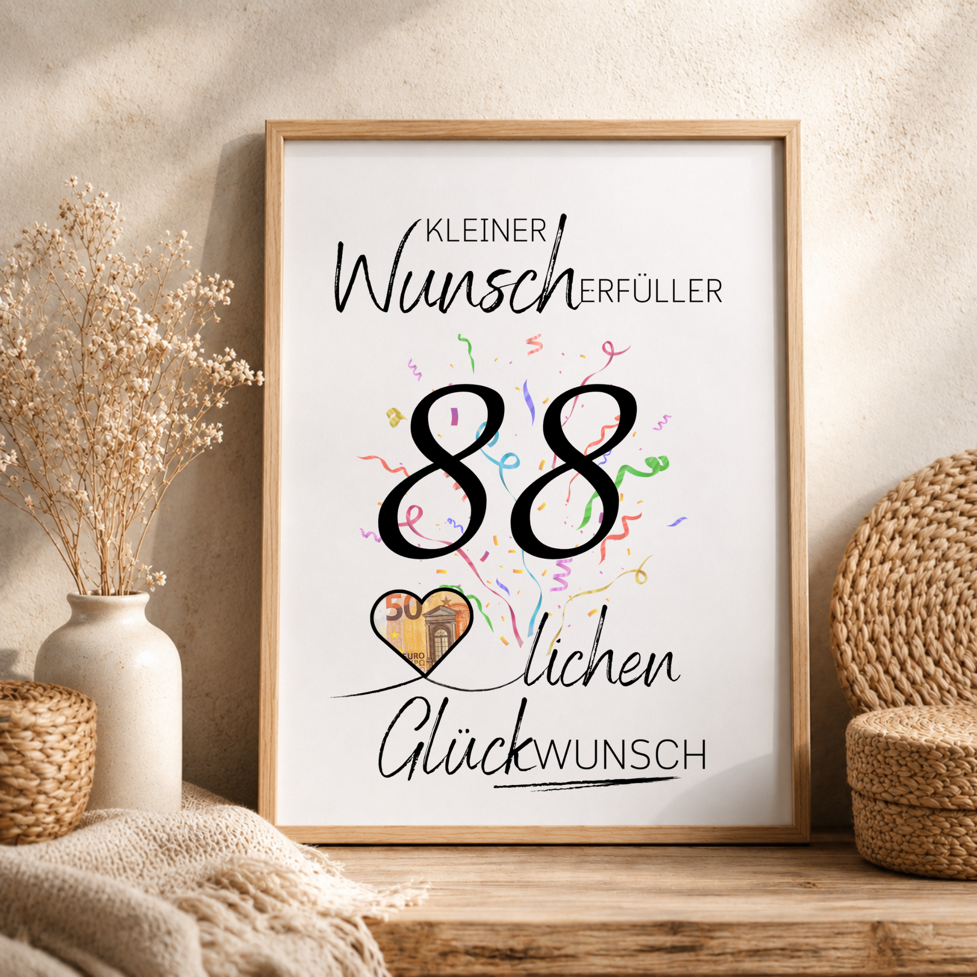 Geldgeschenk 88. Geburtstag Printable mit großer schwarzer Zahl 88, buntem Konfetti, Herz für Geldschein und Schriftzug Kleiner Wunscherfüller als Digital Download zum Ausdrucken