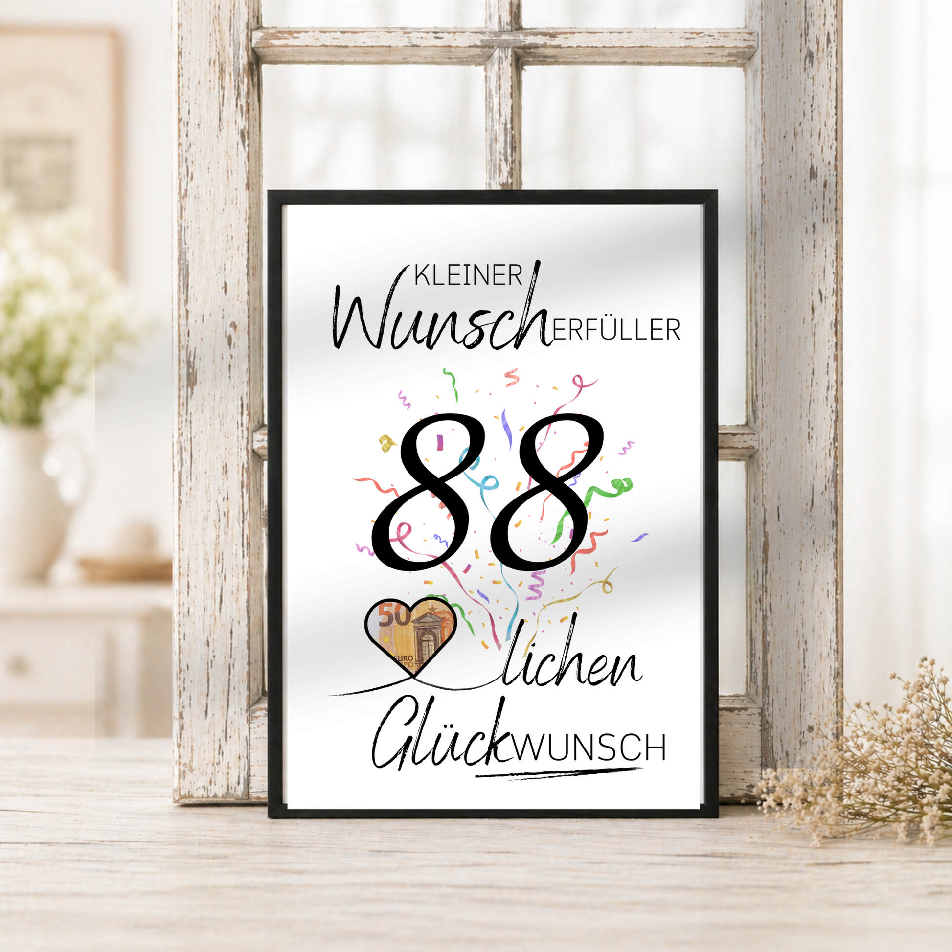 Geldgeschenk 88. Geburtstag Printable mit großer schwarzer Zahl 88, buntem Konfetti, Herz für Geldschein und Schriftzug Kleiner Wunscherfüller als Digital Download zum Ausdrucken