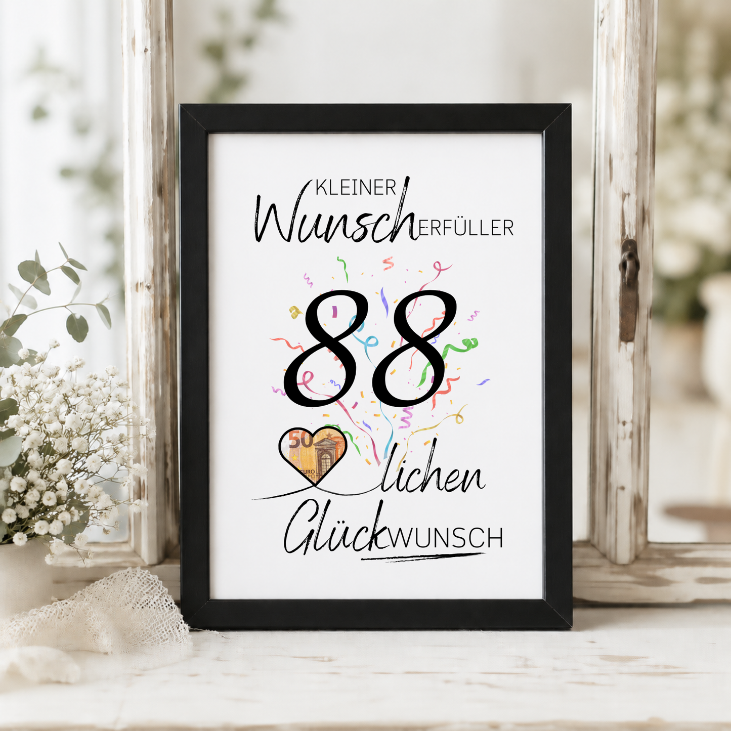 Geldgeschenk 88. Geburtstag Printable mit großer schwarzer Zahl 88, buntem Konfetti, Herz für Geldschein und Schriftzug Kleiner Wunscherfüller als Digital Download zum Ausdrucken