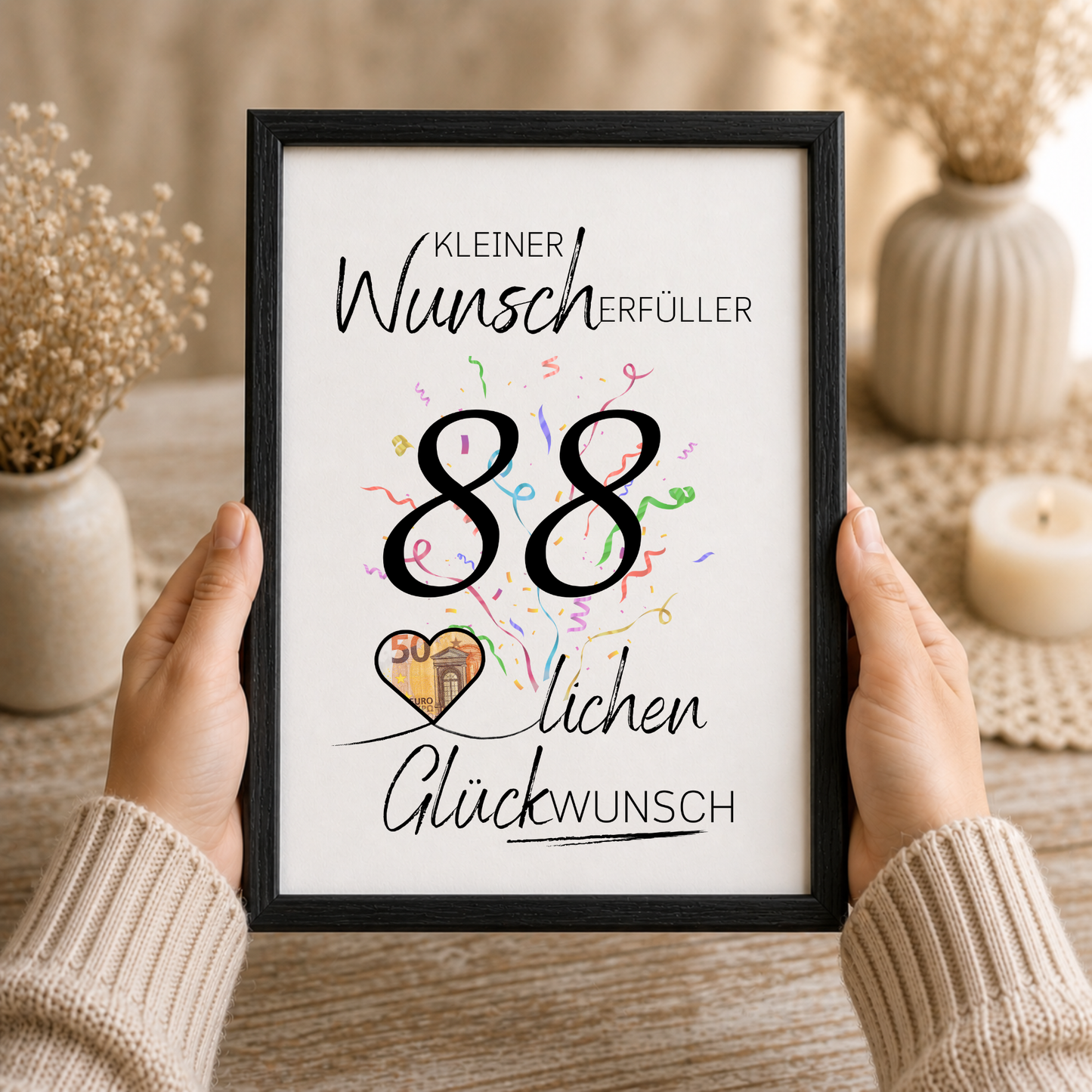 Geldgeschenk 88. Geburtstag Printable mit großer schwarzer Zahl 88, buntem Konfetti, Herz für Geldschein und Schriftzug Kleiner Wunscherfüller als Digital Download zum Ausdrucken