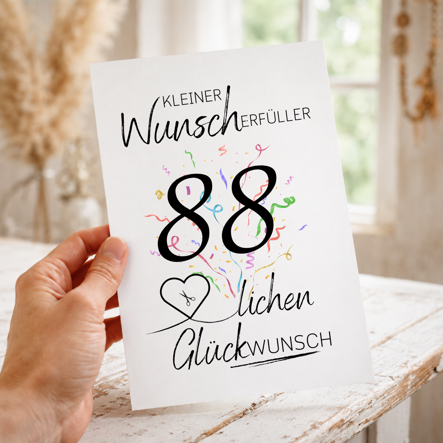 Geldgeschenk 88. Geburtstag Printable mit großer schwarzer Zahl 88, buntem Konfetti, Herz für Geldschein und Schriftzug Kleiner Wunscherfüller als Digital Download zum Ausdrucken