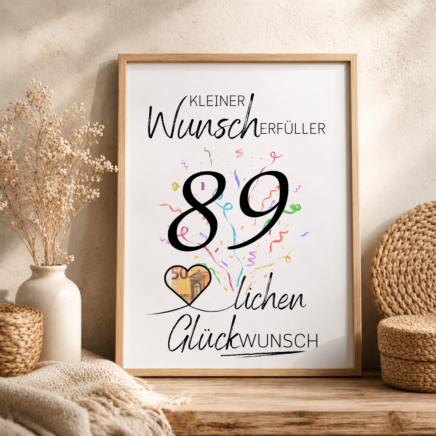 Geldgeschenk 89 Geburtstag Printable mit Schriftzug Kleiner Wunscherfüller, großer Zahl 89, buntem Konfetti und Herz für Geldschein als Digital Download zum Ausdrucken