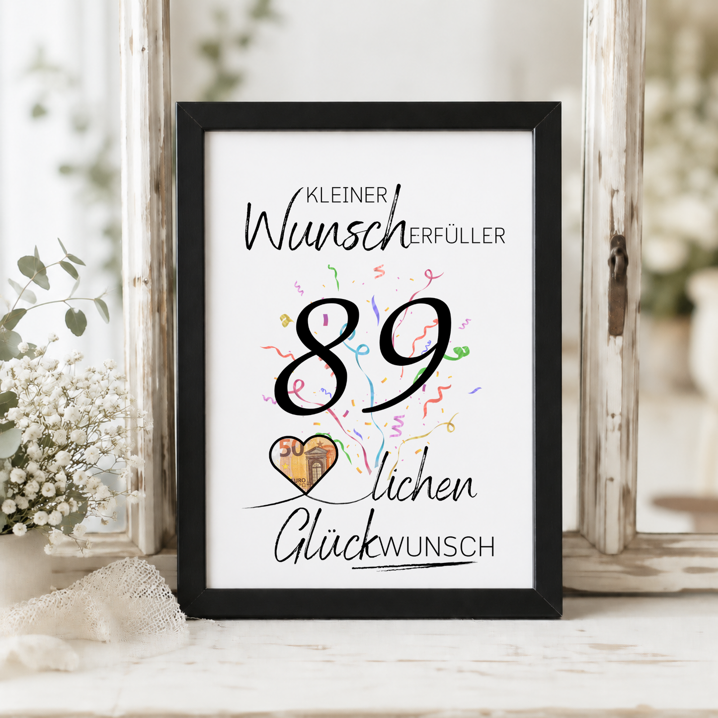 Geldgeschenk 89 Geburtstag Printable mit Schriftzug Kleiner Wunscherfüller, großer Zahl 89, buntem Konfetti und Herz für Geldschein als Digital Download zum Ausdrucken