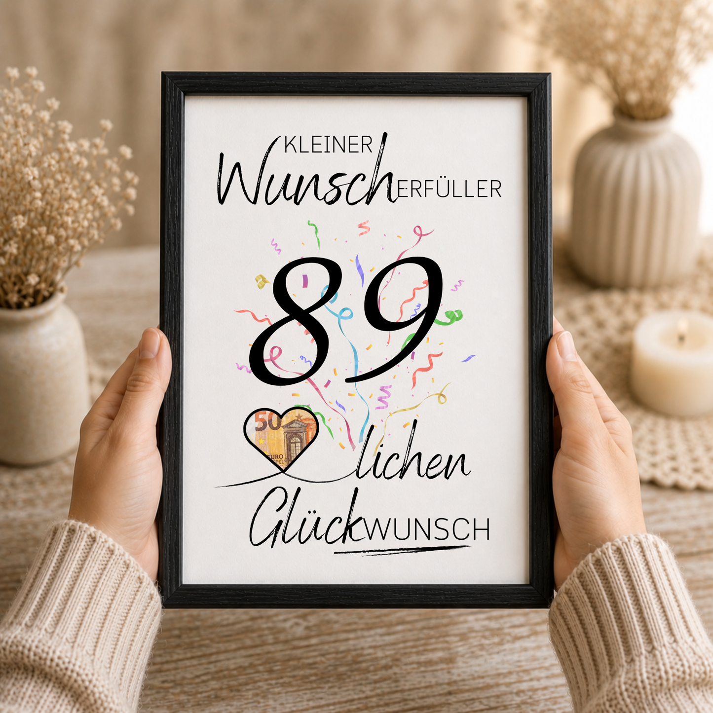 Geldgeschenk 89 Geburtstag Printable mit Schriftzug Kleiner Wunscherfüller, großer Zahl 89, buntem Konfetti und Herz für Geldschein als Digital Download zum Ausdrucken
