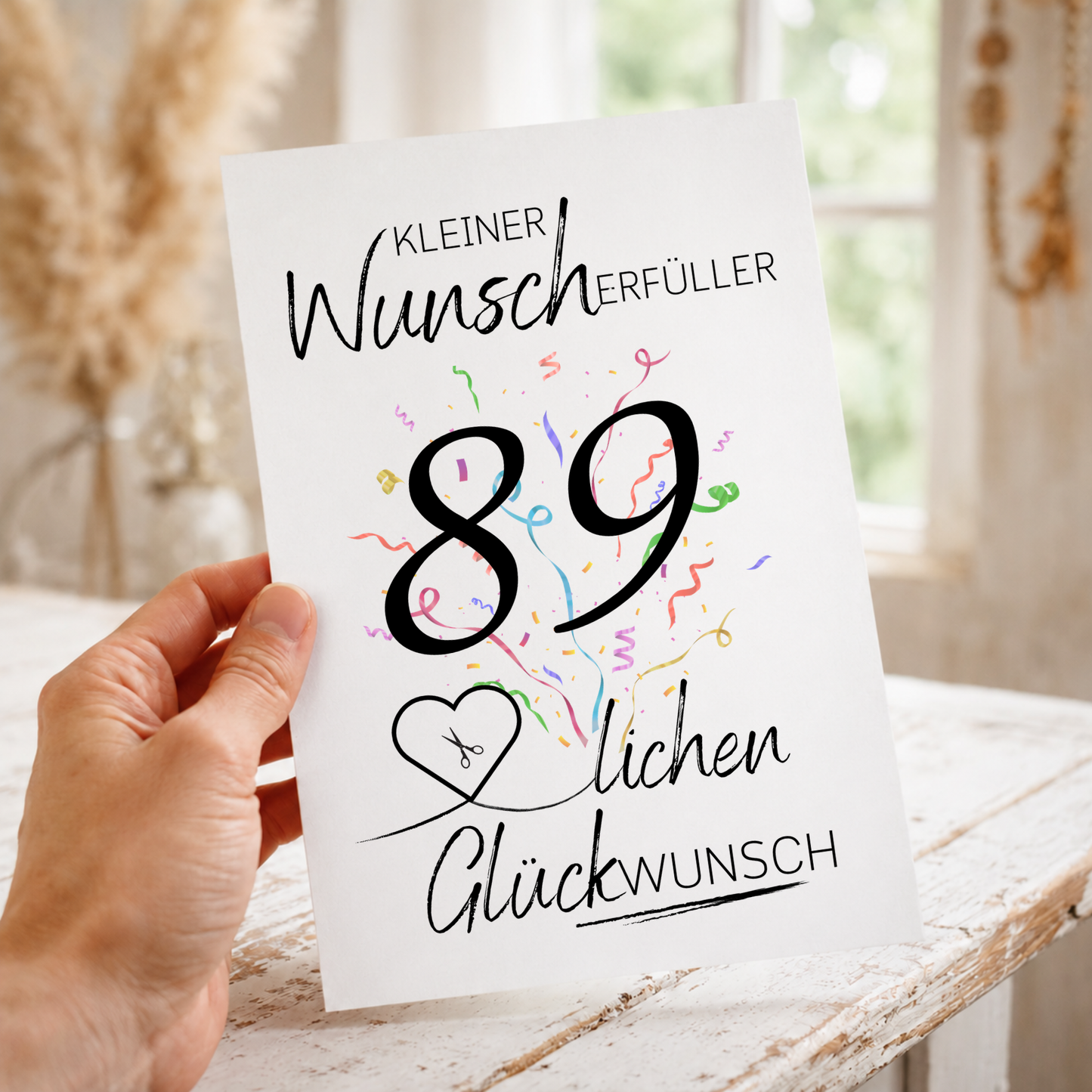 Geldgeschenk 89 Geburtstag Printable mit Schriftzug Kleiner Wunscherfüller, großer Zahl 89, buntem Konfetti und Herz für Geldschein als Digital Download zum Ausdrucken