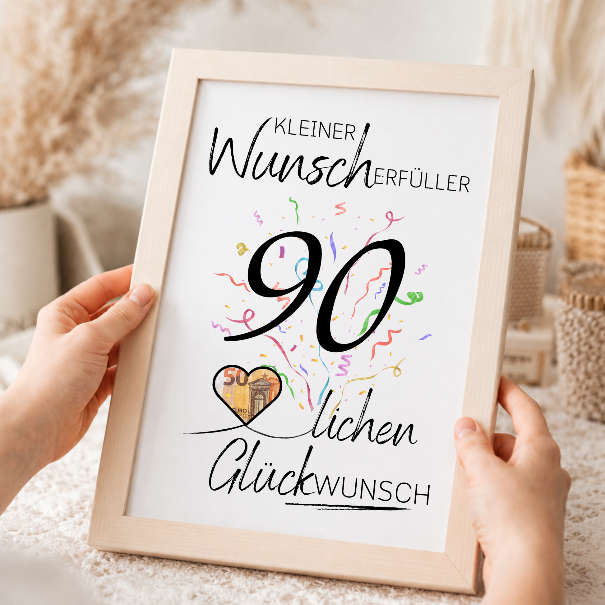 Geldgeschenk 90. Geburtstag Printable mit Konfetti, großer Zahl 90, Herz für Geldschein und Schriftzug Kleiner Wunscherfüller lichen Glückwunsch als Digital Download zum Ausdrucken